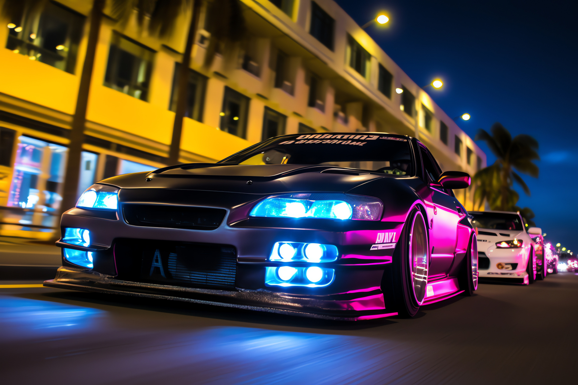 S15 Silvia, Miami nightlife, nocturnal race, lit boulevards, tropical palms, HD Desktop Wallpaper