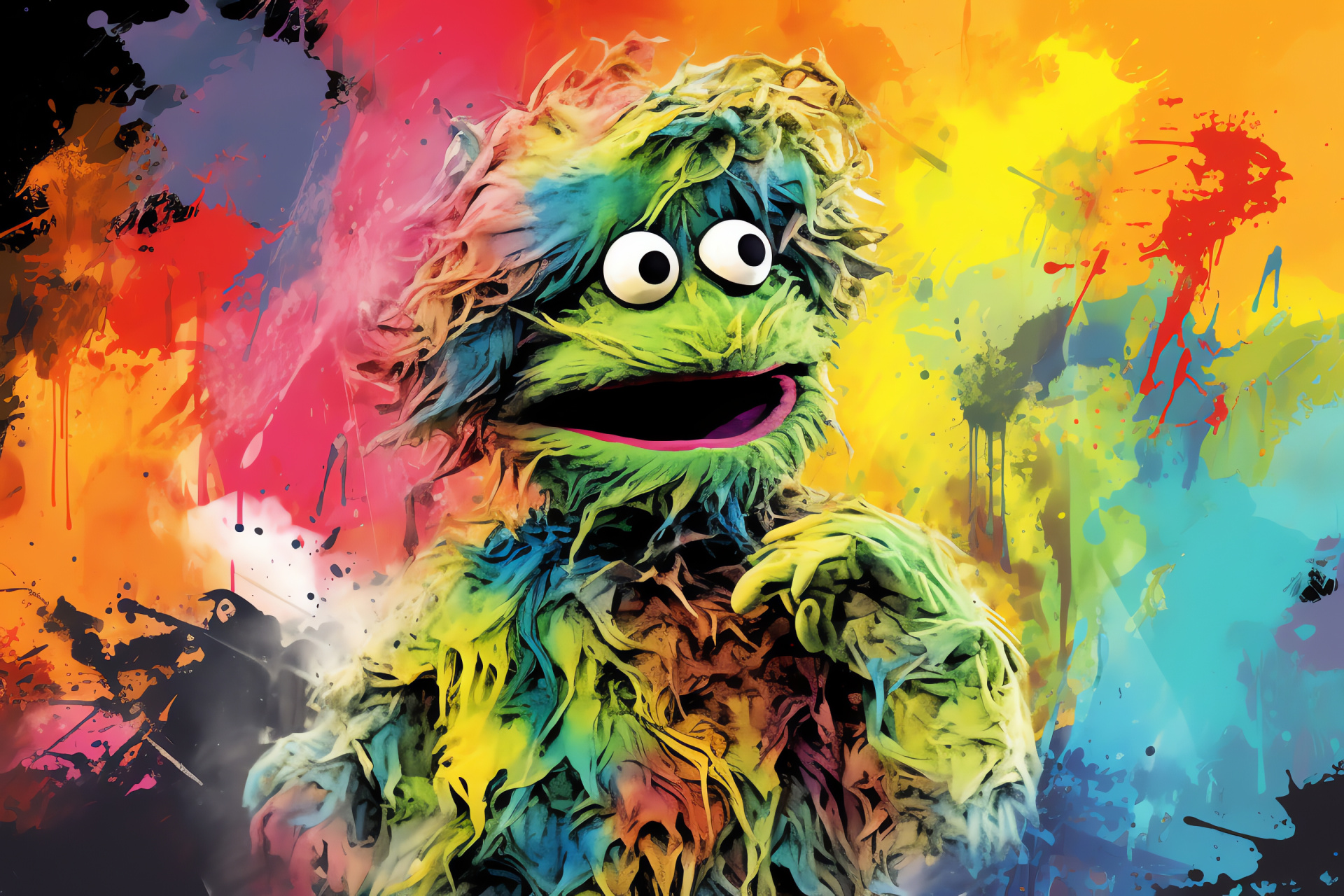 Oscar the Grouch, Fuzzy texture, Bright ocular features, Gradient background, Cheeky grin, HD Desktop Image