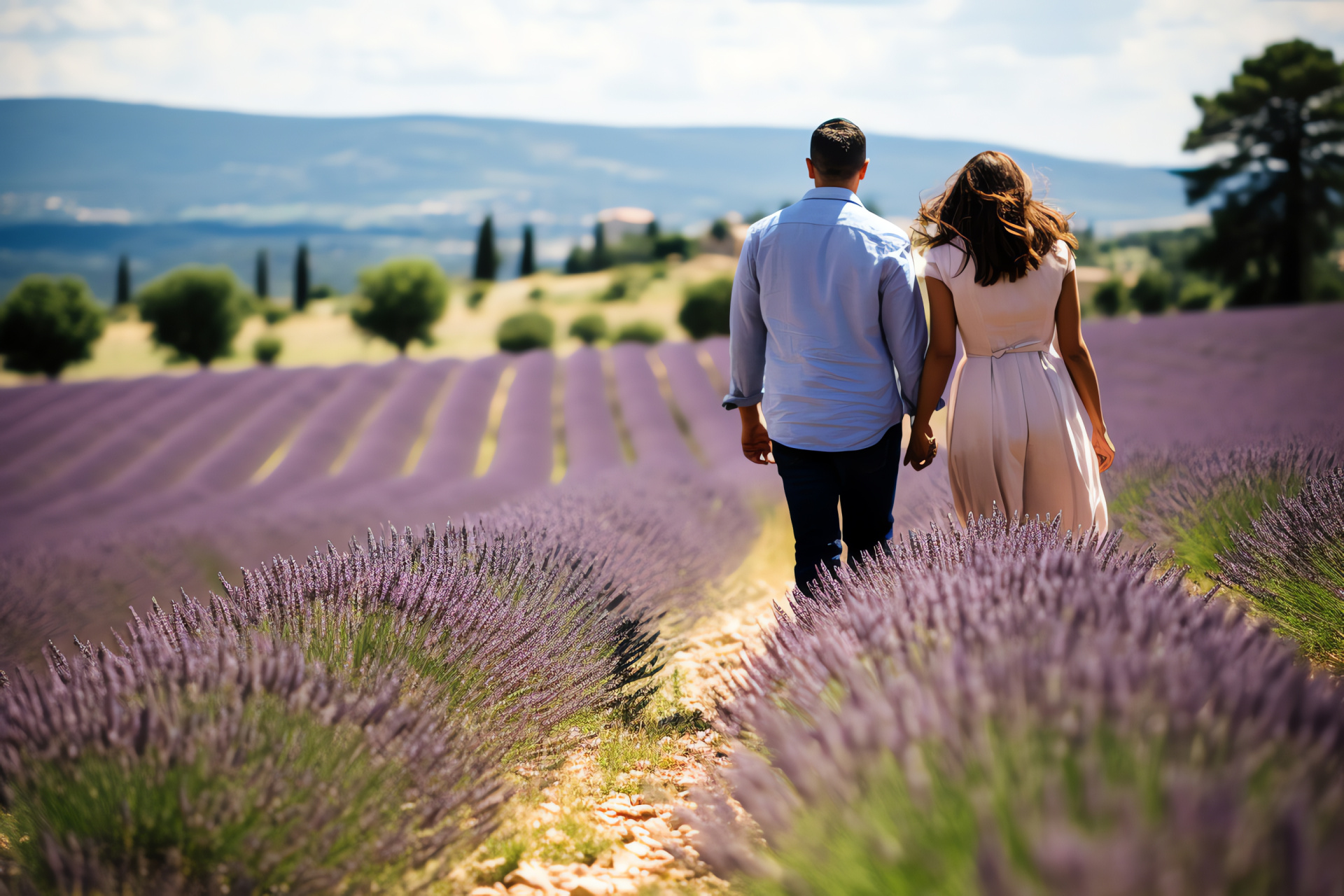 Provencal celebration, United twosome, Purple fields, French countryside, Quaint settlements, HD Desktop Image