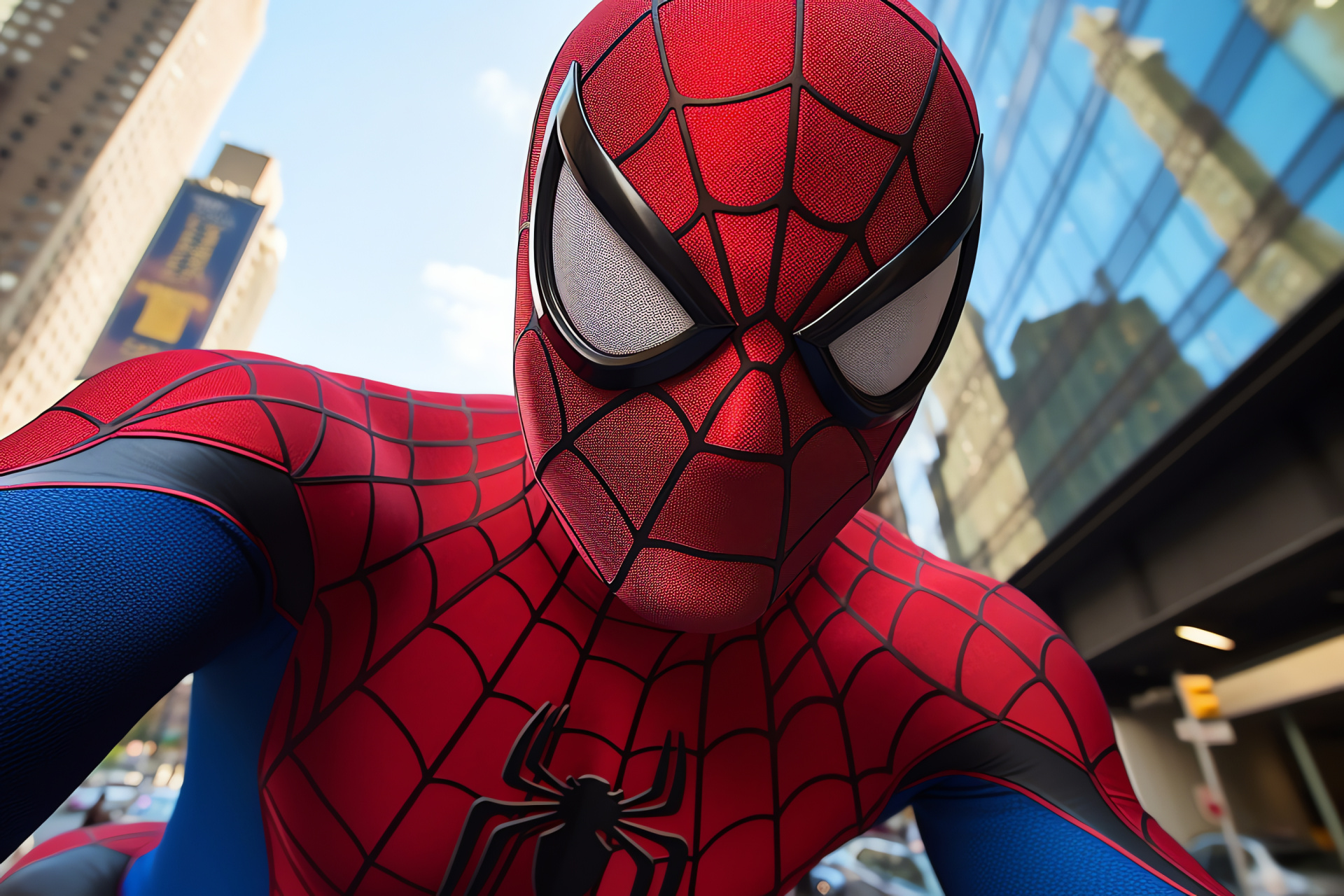 Spiderman New York protector, Superhero adventure, Urban landscape, Swinging heroism, Iconic suit, HD Desktop Image