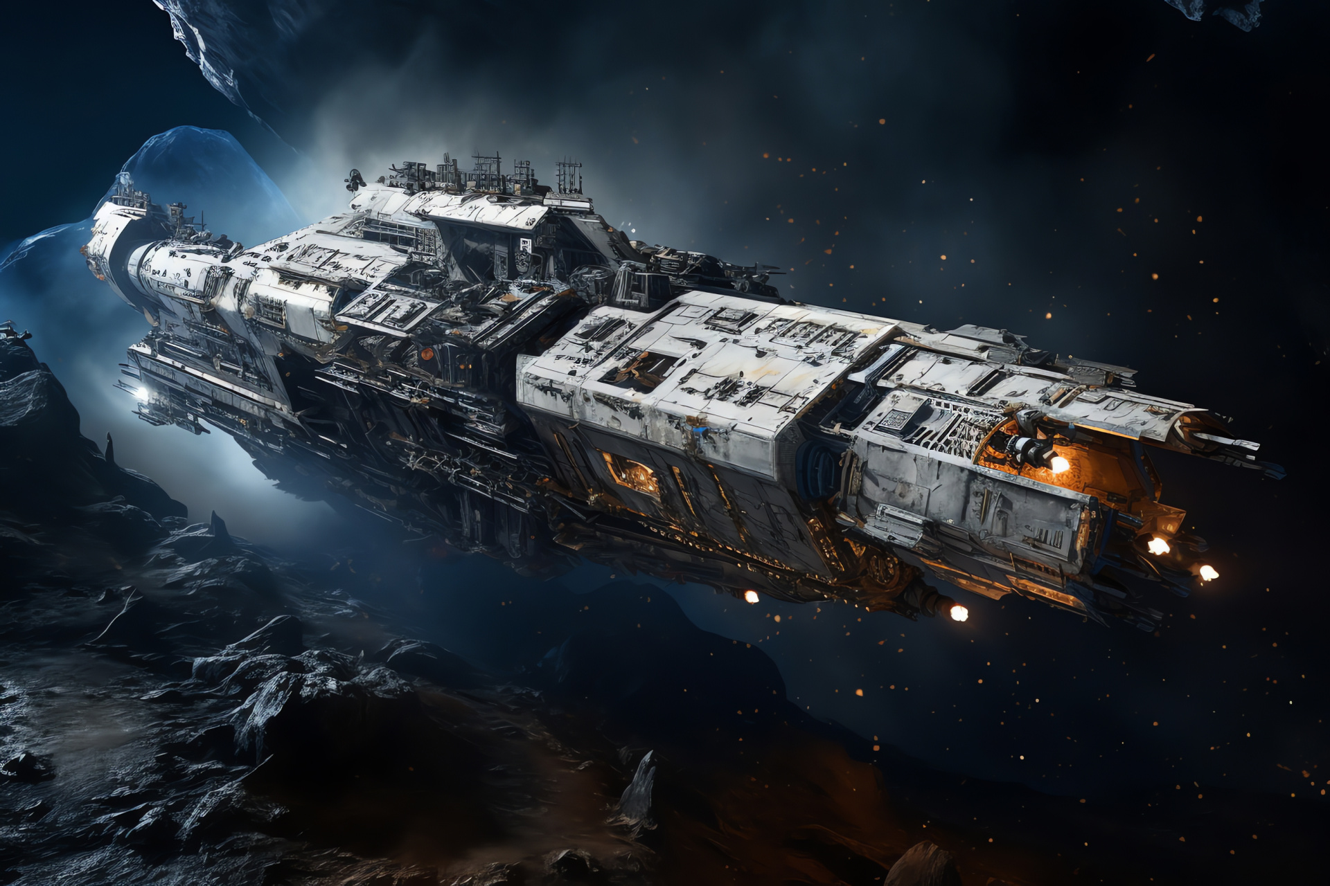 Galactic freighter, Astral journey, Worn exterior, Battle-scarred cladding, Prolonged voyages, HD Desktop Wallpaper