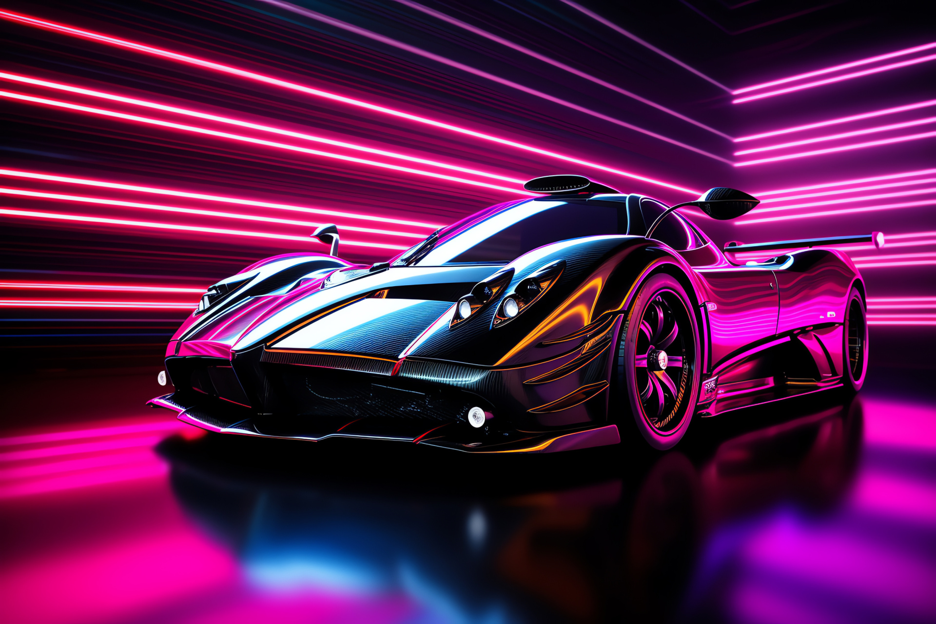 Pagani Zonda F lenses, Wide metallic red glamour, Neon nightlife illumination, Supercar urban driving, Italian craftsmanship, HD Desktop Image