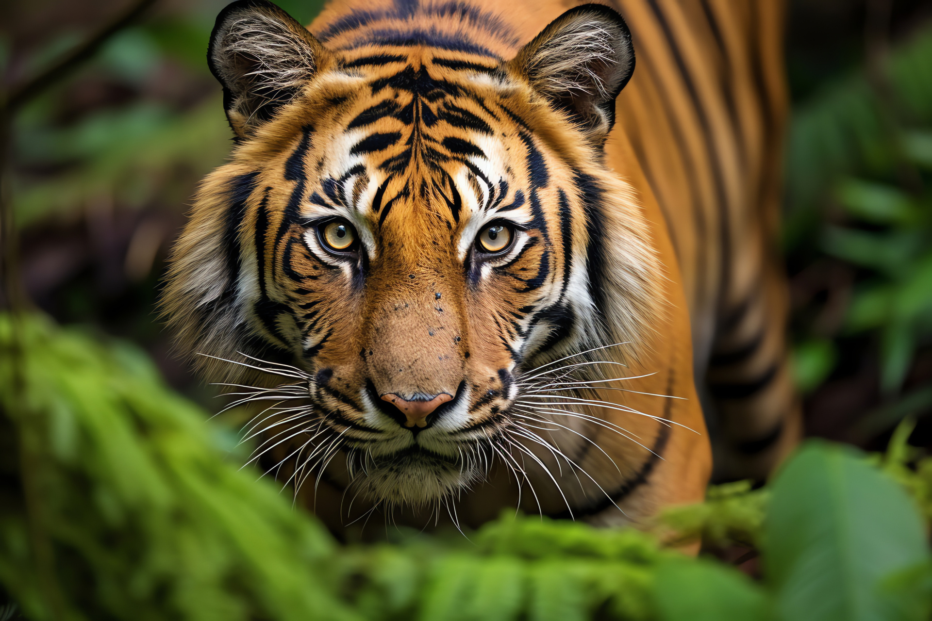 Indochinese tiger, Feline in misty mountains, Predator of Southeast Asia, Striped coat tiger, Cat with green eyes, HD Desktop Wallpaper