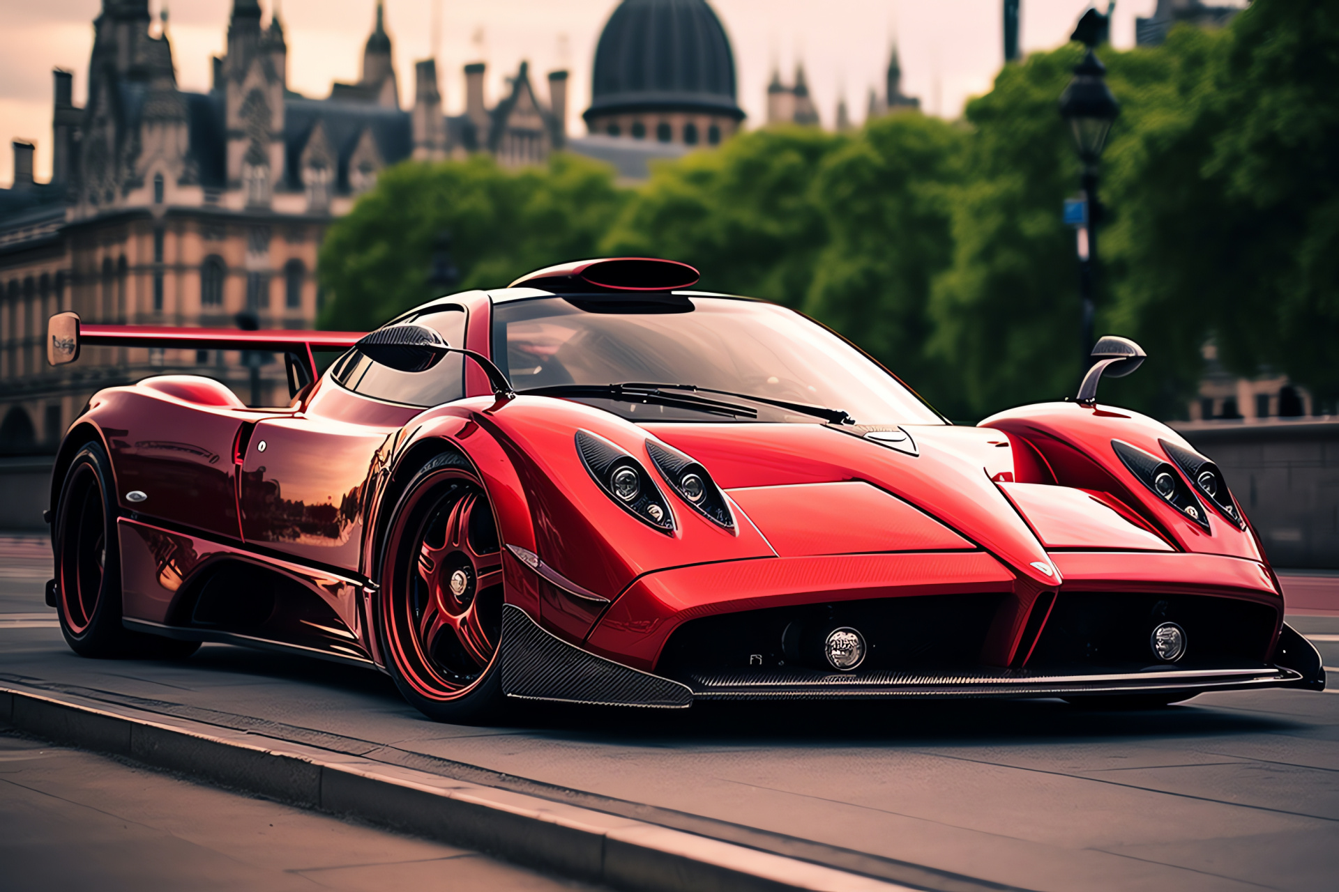 Pagani Zonda F Landmark, British capital visit, Bright red supercar, London's heritage, Modern contrast, HD Desktop Image