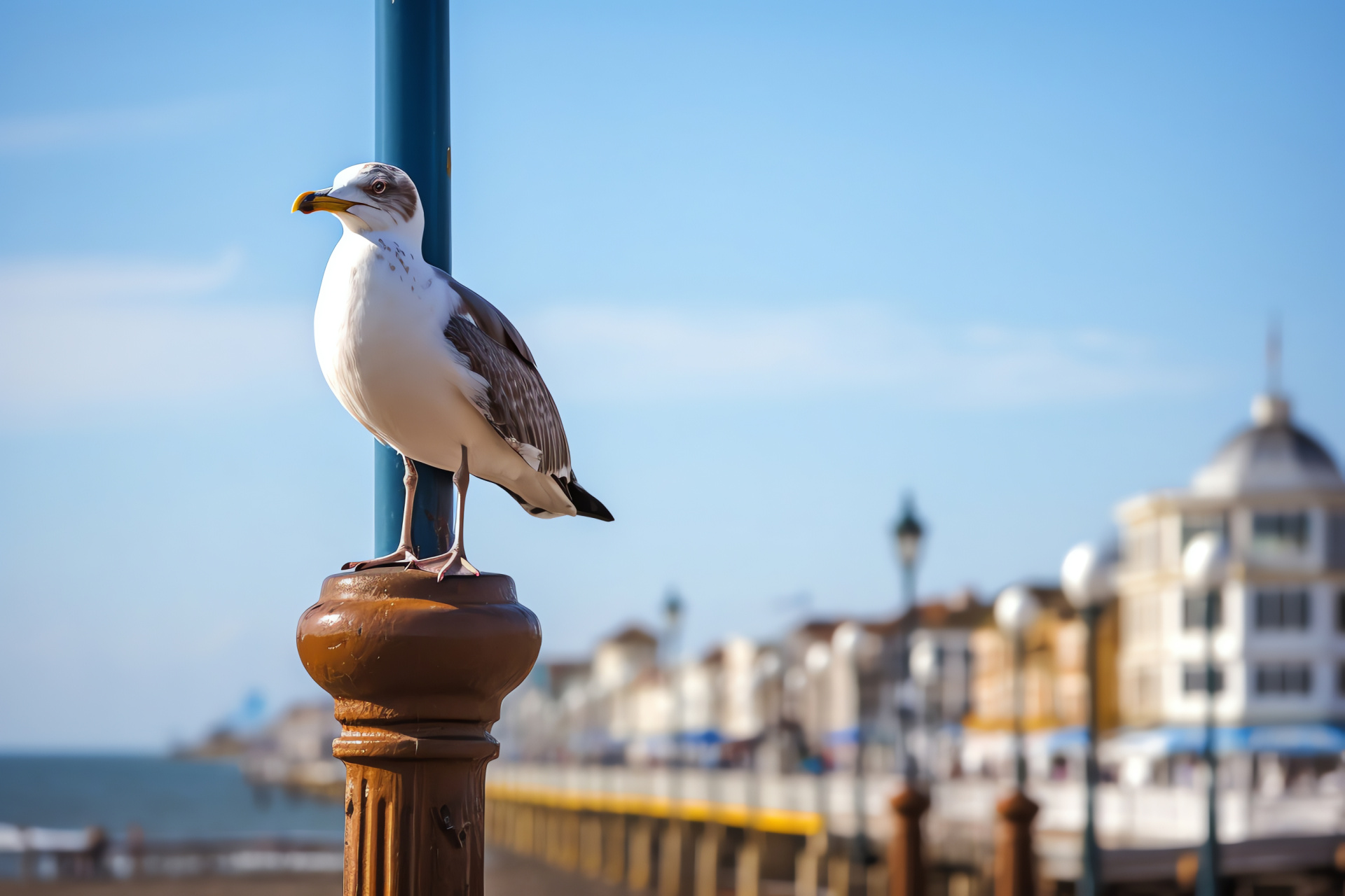 Urban seagull, Feathered town dweller, Waterfront bird, Seaside avian, Lamp post perch, HD Desktop Image