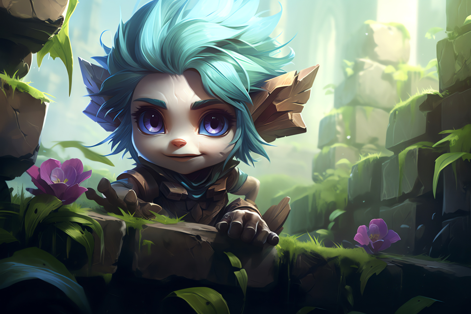 Tristana in fauna, Bandle gunner, Artillery amid flora, Archaic edifices, Game scenery, HD Desktop Image