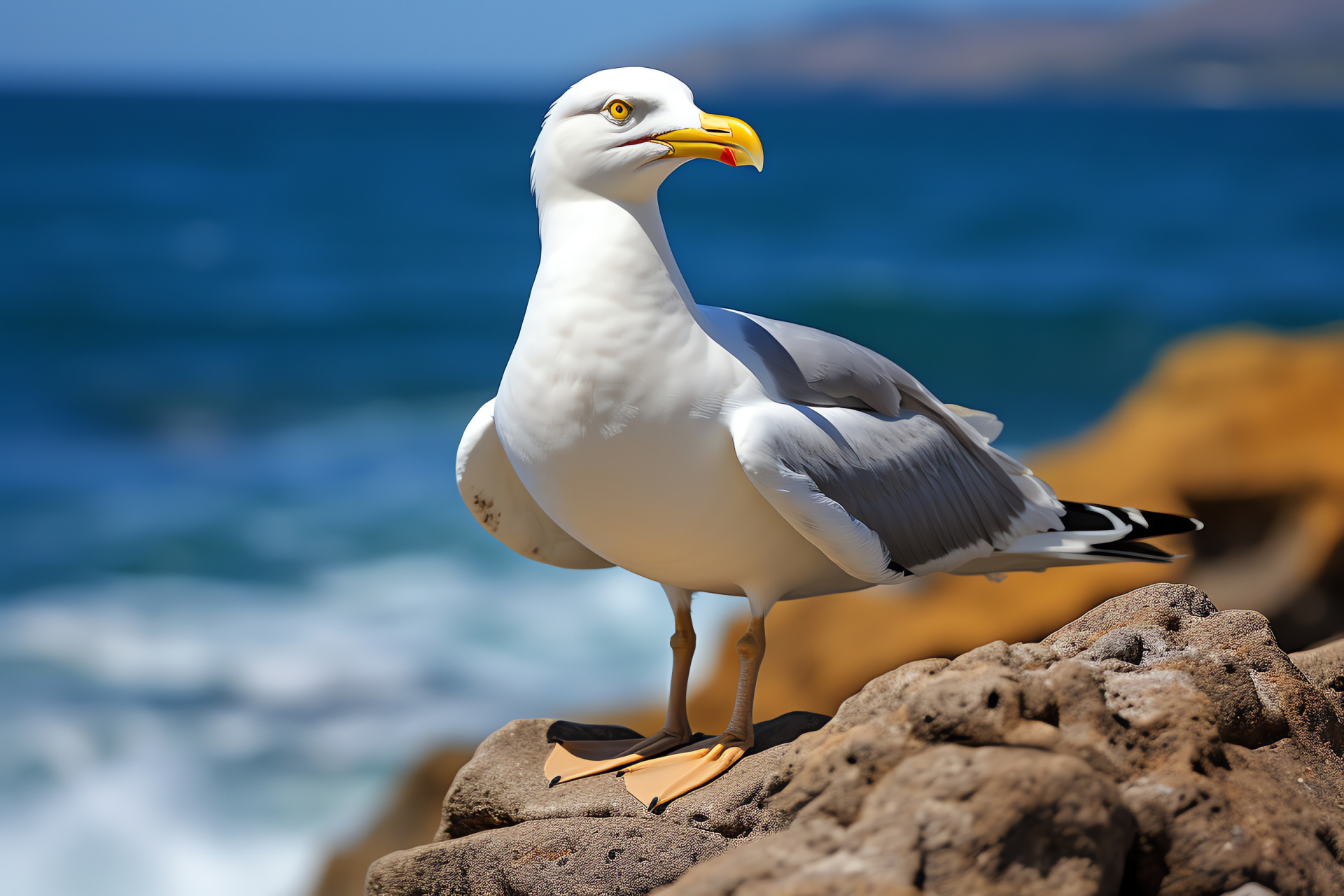 Seagull, White seabird, Rocky perch, Maritime vista, Dominant stance, HD Desktop Wallpaper