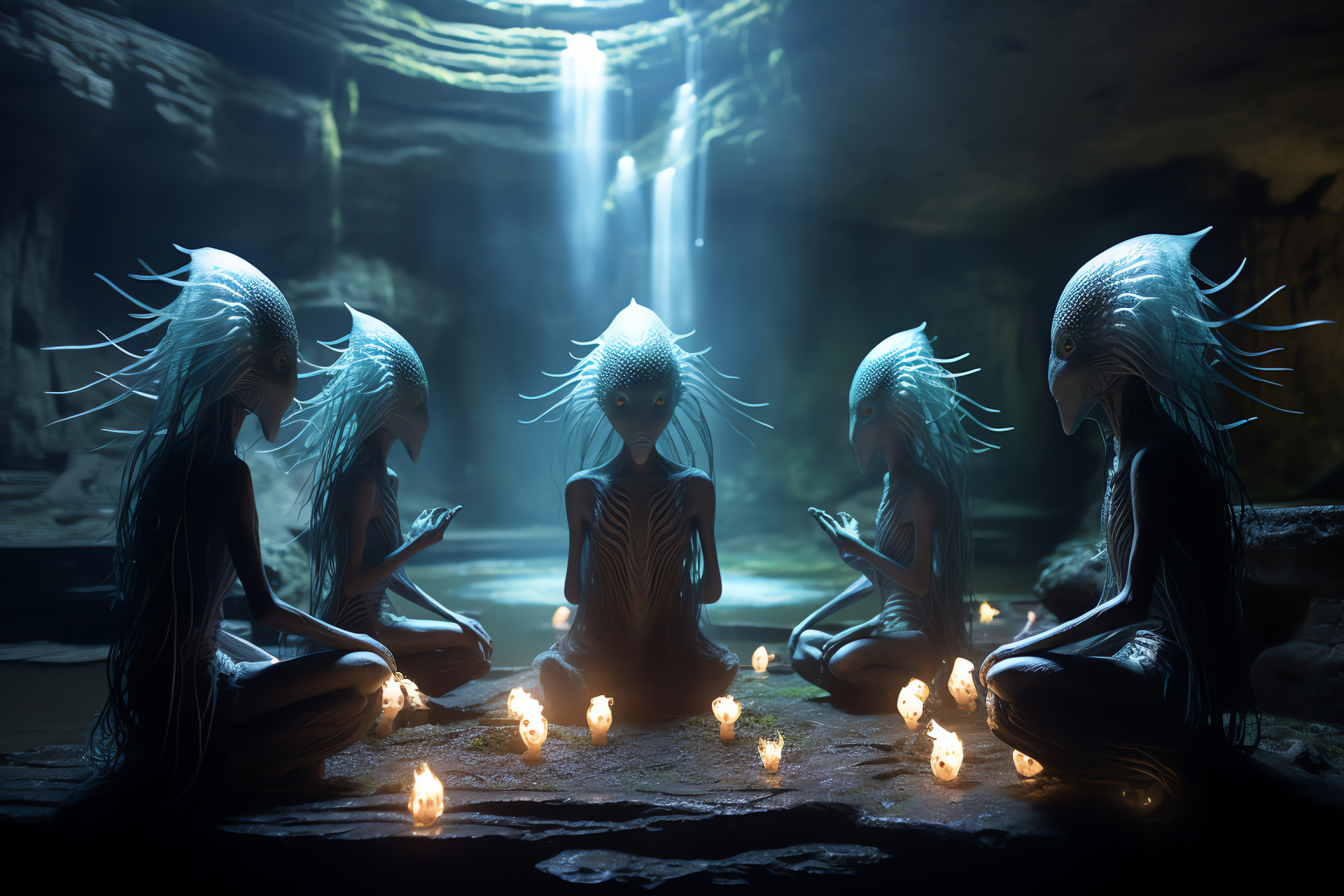 Extraterrestrial life depiction, Distant universe, Unfamiliar beings, Ephemeral glow, Cultural ceremony, HD Desktop Wallpaper