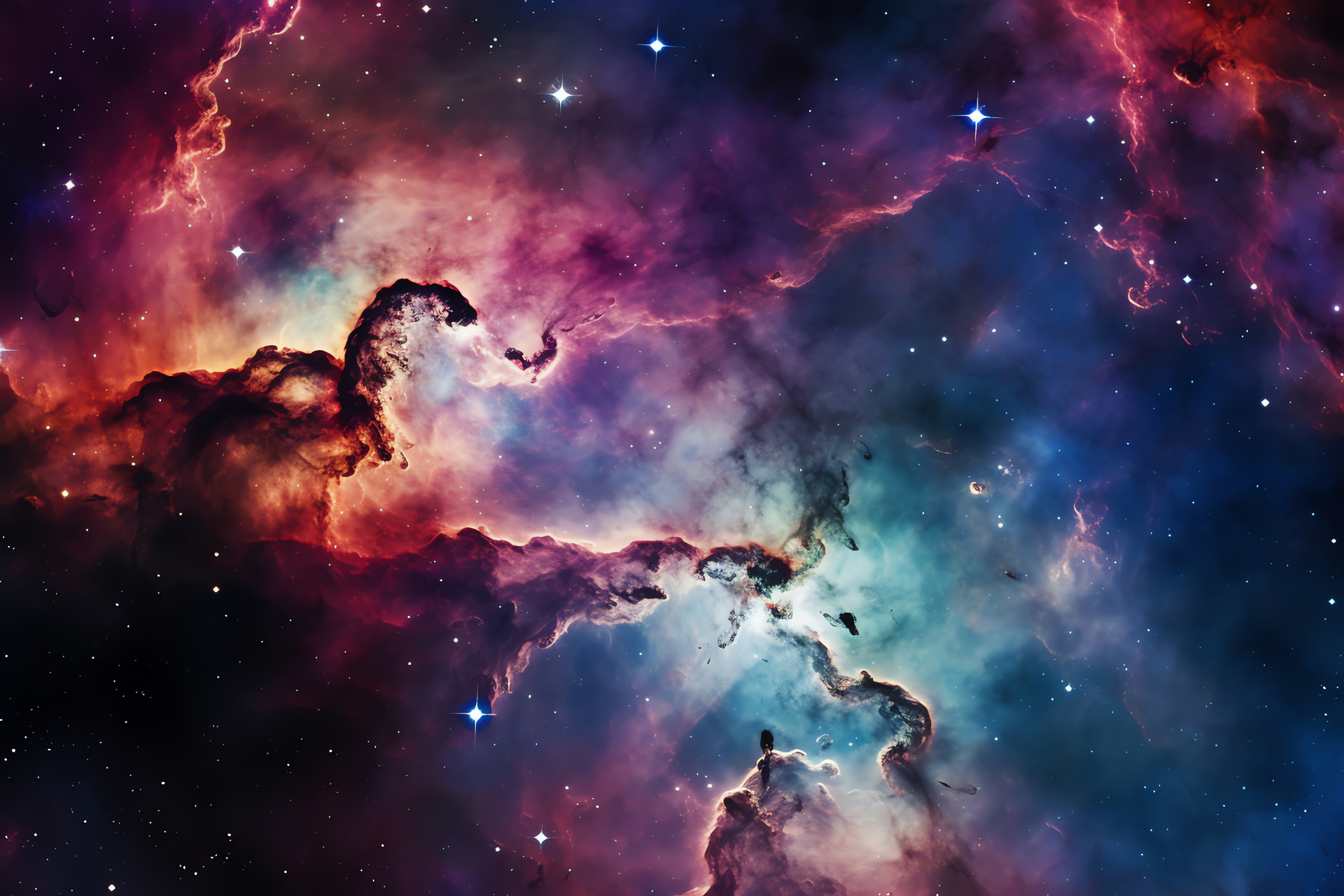 Carina Nebula majesty, Interstellar cloud detail, Celestial body vibrancy, Stellar blues and purples, Deep-space grandeur, HD Desktop Wallpaper