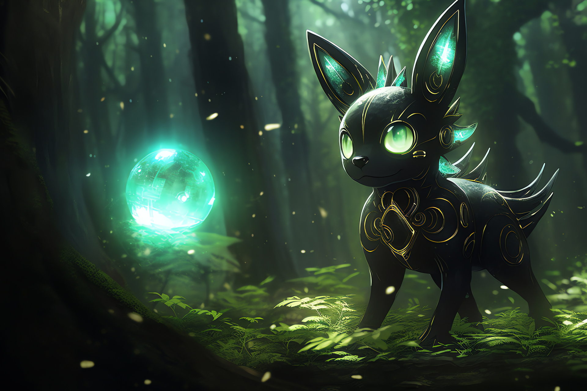 Umbreon Pokemon, Mystical grove, Onyx pelage, Verdant orbs, Peaceful visage, HD Desktop Wallpaper