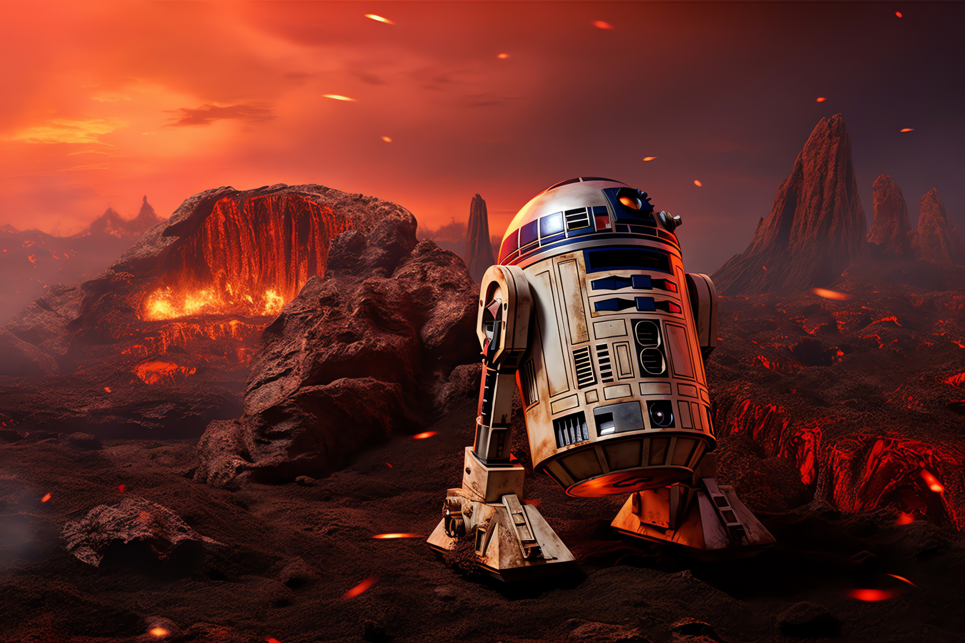 R2-D2, Star Wars adventure, Lava world, Dystopian landscape, Galactic conflict, HD Desktop Image