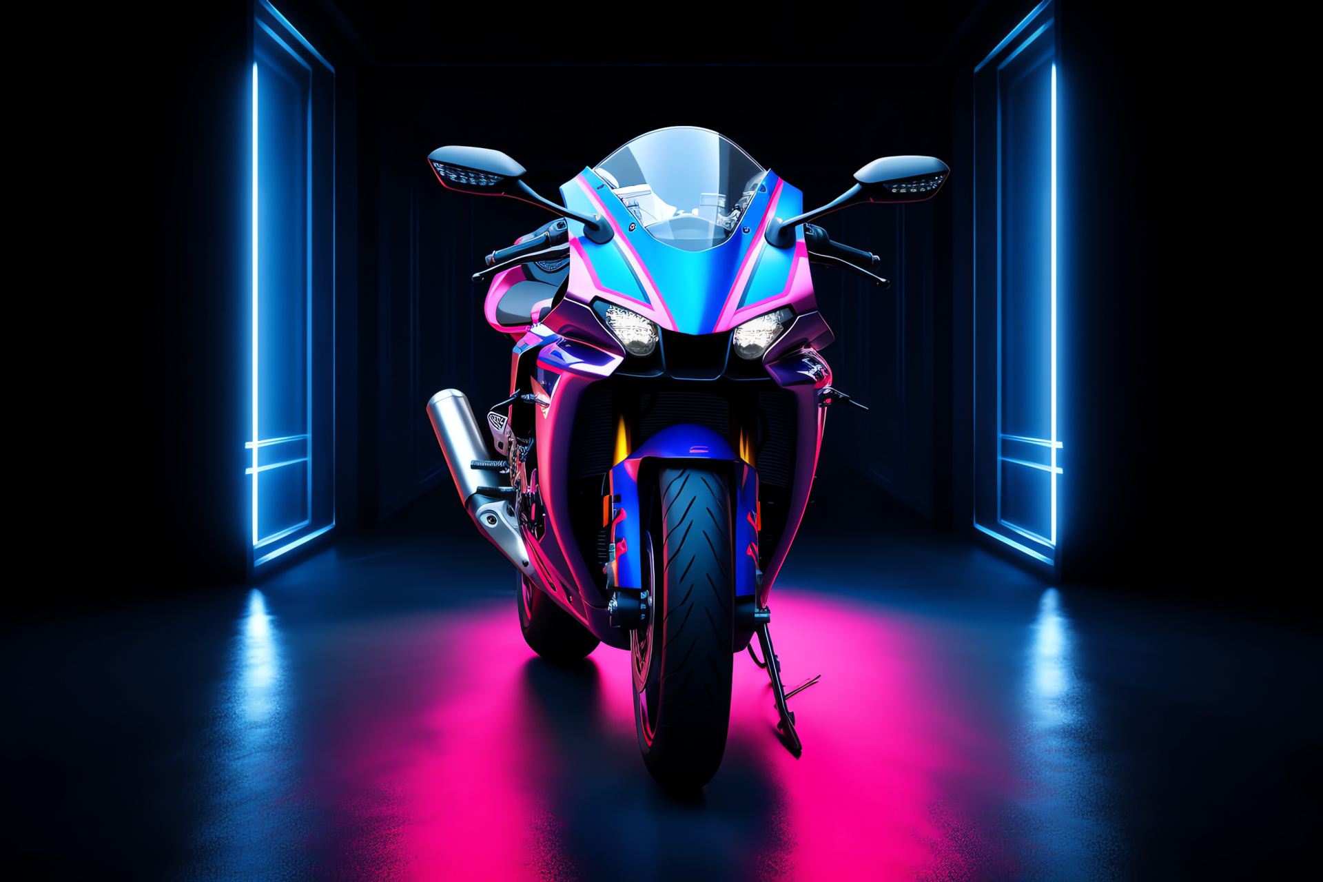 Yamaha R1 motorcycle, High-tech features, Racing aesthetic, Futuristic vibe, Neon highlights, HD Desktop Wallpaper