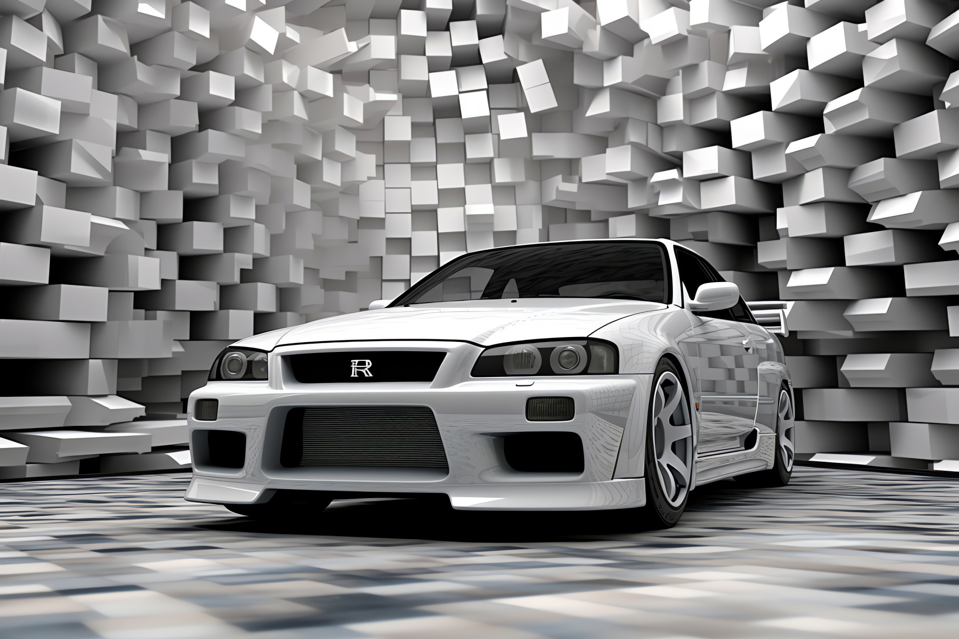 Nissan Skyline GTR R33, Abstract patterns, Monochromatic theme, Vehicle showcase, Artistic representation, HD Desktop Wallpaper