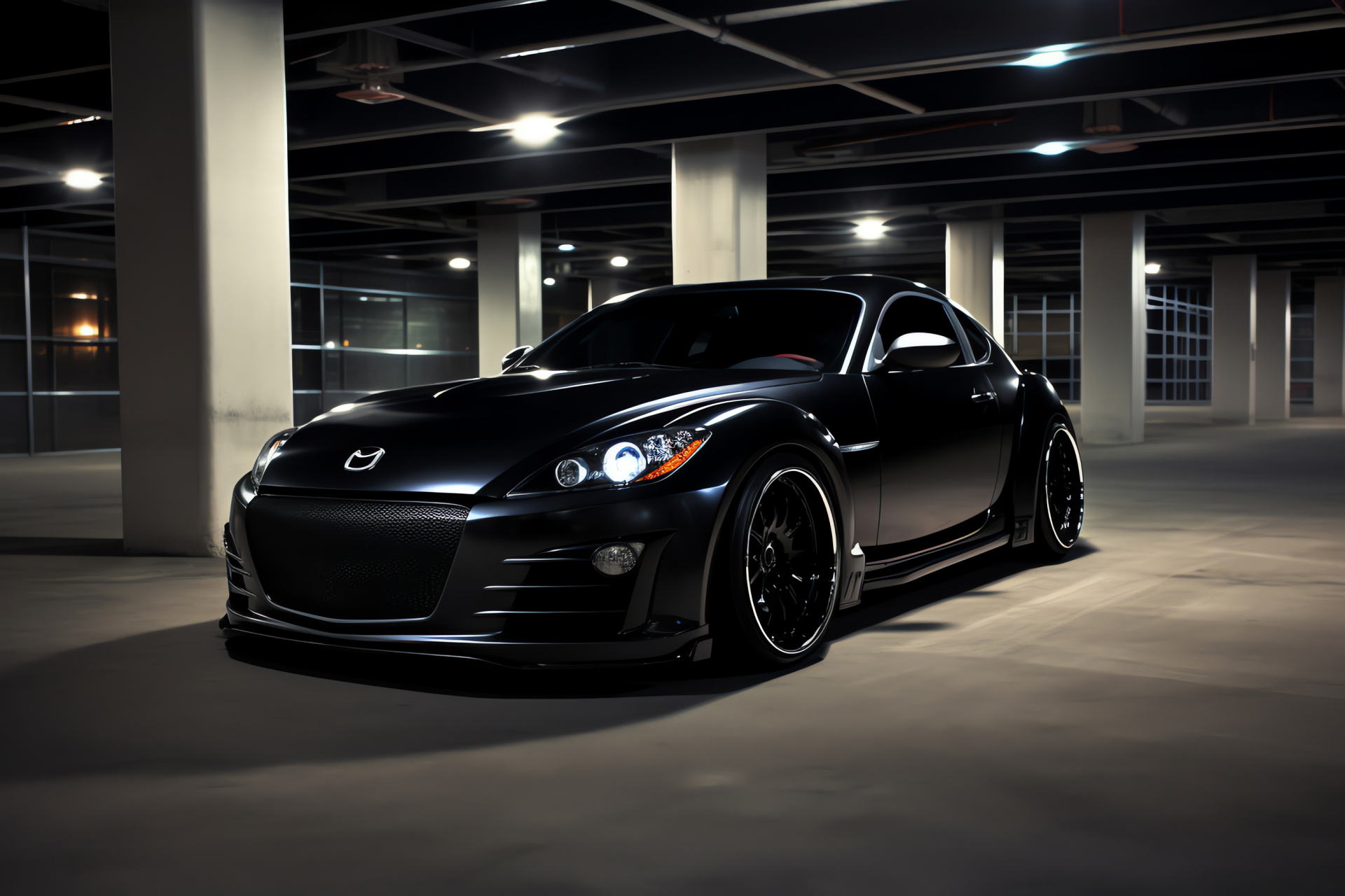 Mazda RX8 underground, Matte finished aesthetics, Urban car atmosphere, Performance vehicle lines, Aggressive automotive facade, HD Desktop Image