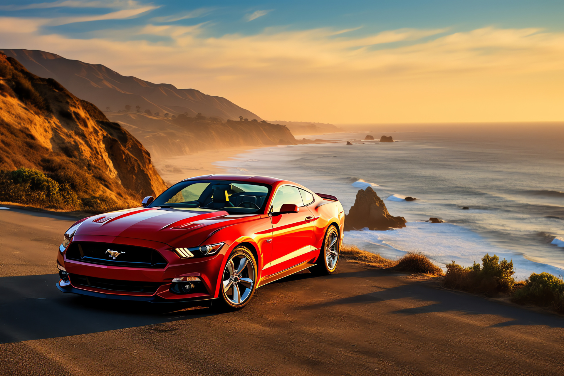 Ford Mustang HD, California's coastal highway, breathtaking seaside drive, Pacific Coast adventure, HD Desktop Image