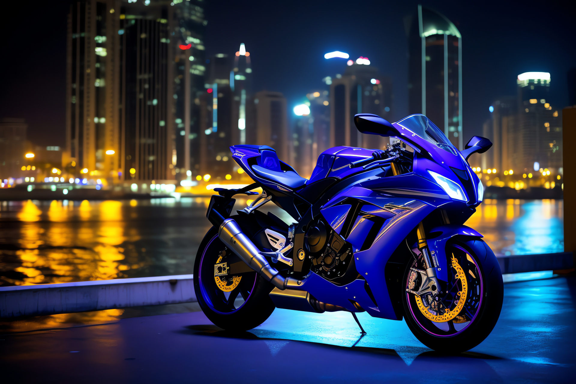 Yamaha R1 superbike, Dubai skyline ride, iconic middle-eastern highway, contemporary city, HD Desktop Image