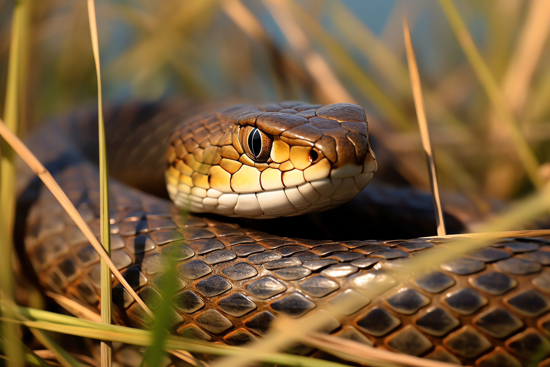 Native Grass Snake, Reptilian gaze, Natural tones, Wild grass patterns, Native grasslands, HD Desktop Image