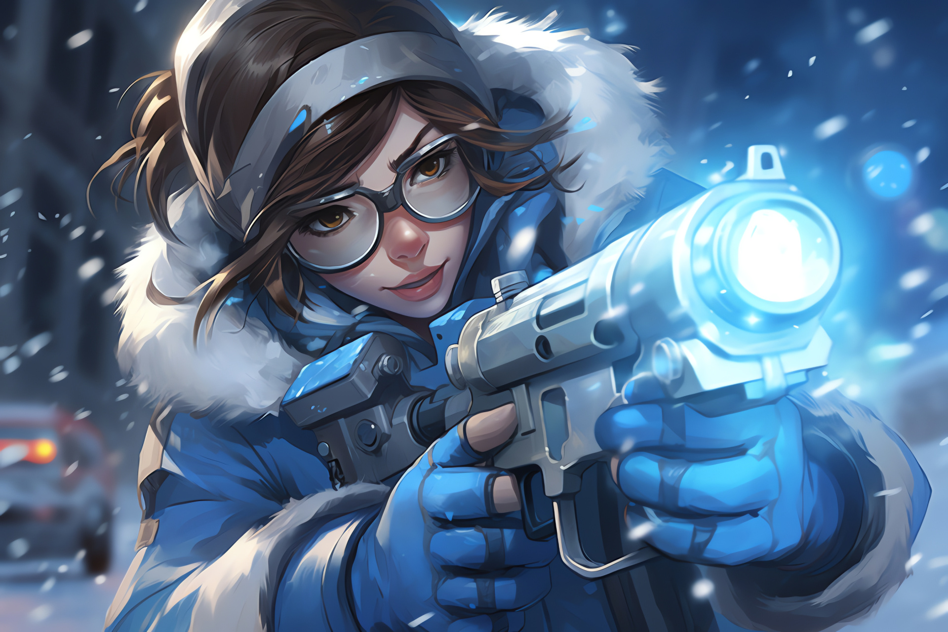 Overwatch Mei freezing enemy, chilling blaster scene, icy energy burst, in-game tactic, artic battle energy, HD Desktop Wallpaper