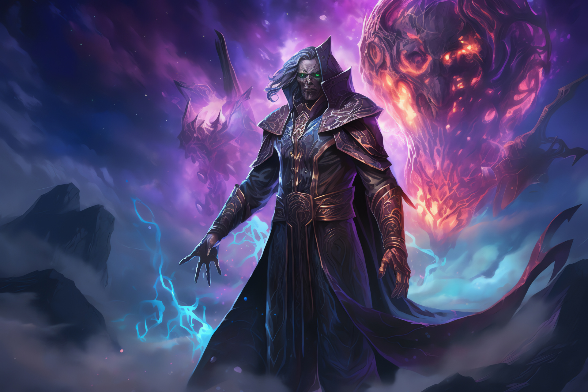 Necromancer archetype, Orion persona, Mystical RPG elements, Commanding character figure, Magical ambiance, HD Desktop Image