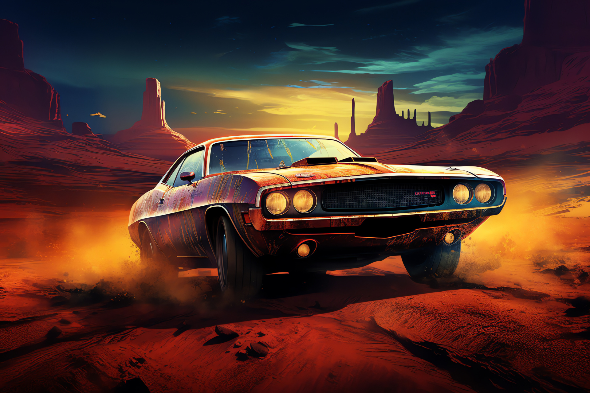 Aerial muscle car, Desolate terrain, Automotive endurance, Wilderness navigation, Post-crisis vehicle, HD Desktop Image