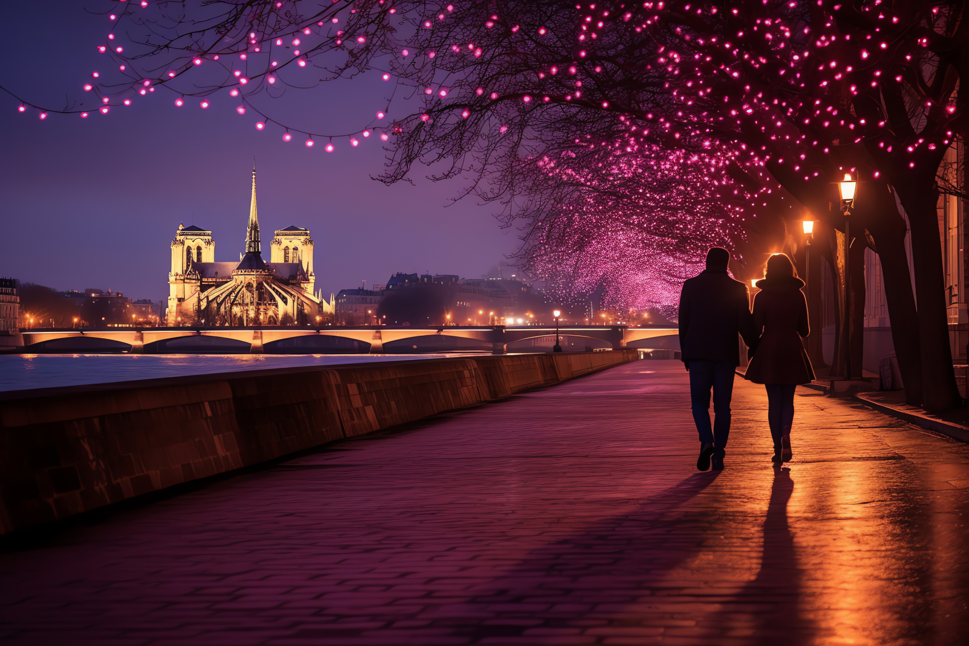 Valentines ambiance, Romantic Seine riverside, Paris city of love, Evening fairy lights, Parisian holiday, HD Desktop Wallpaper