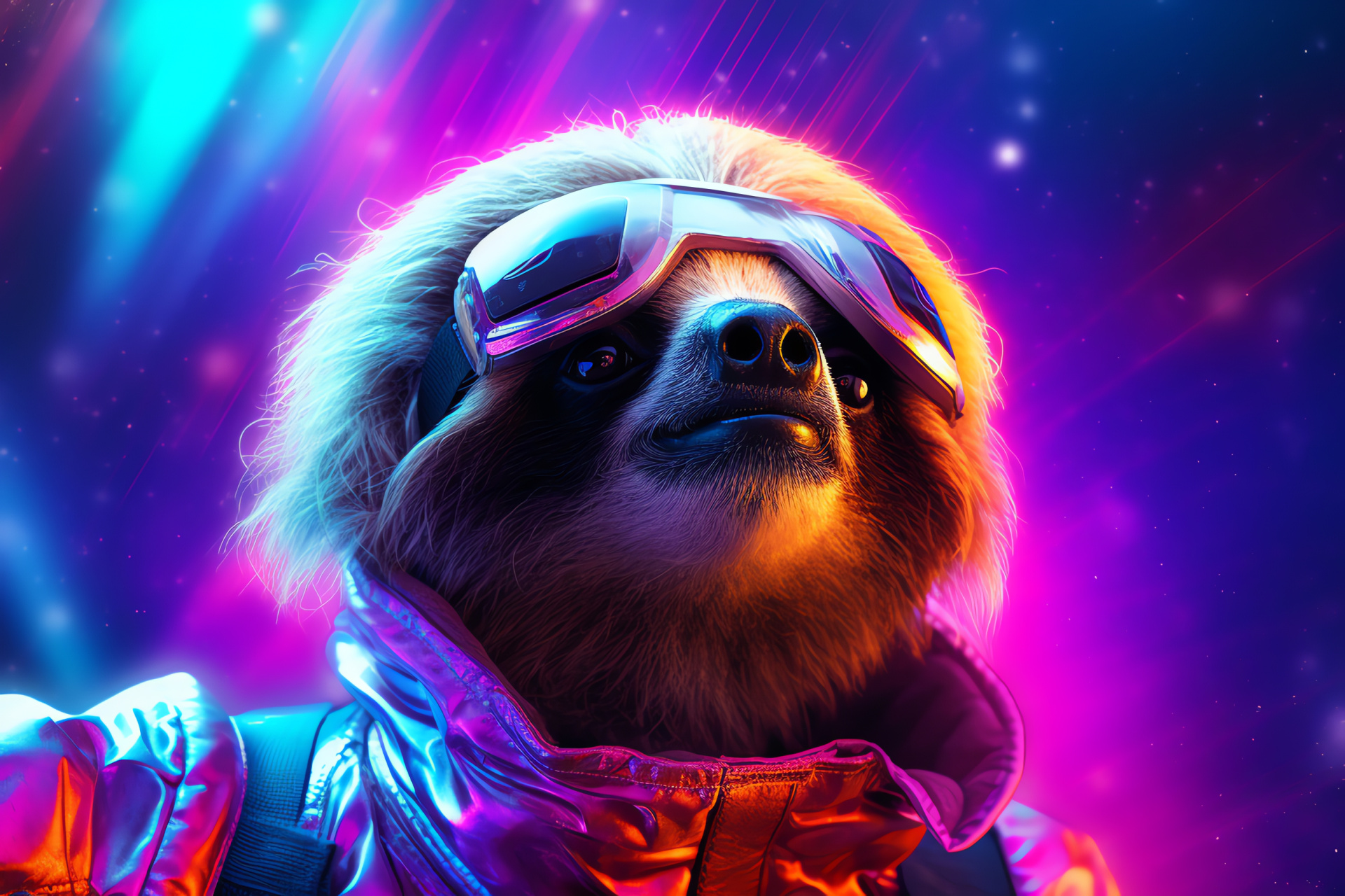 Neon visual Space Sloth, Neon purple oculars, Silver sheen eyes, Long-haired sloth, Nebula filled art, HD Desktop Wallpaper