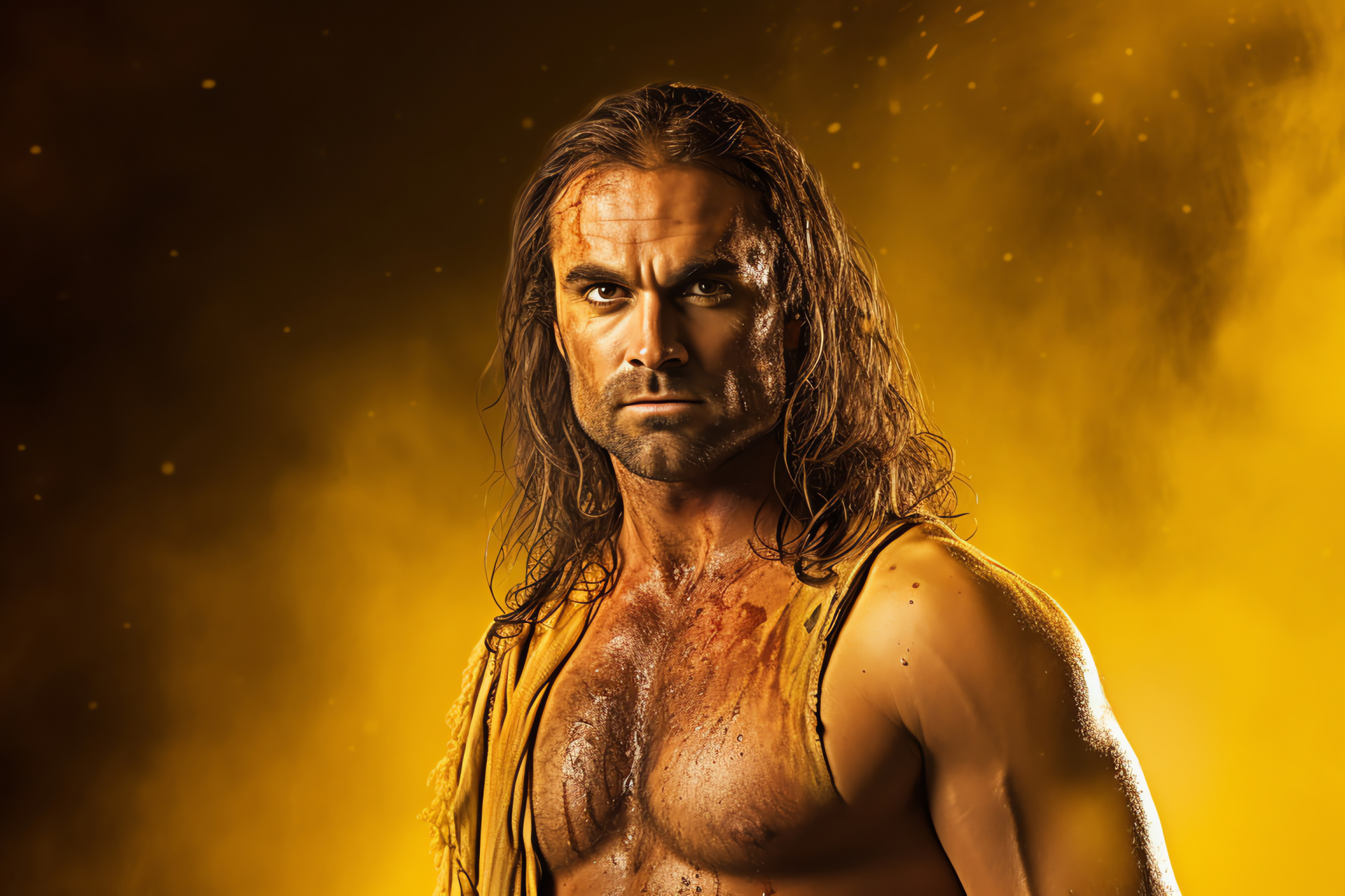 Gannicus depiction, Gladiator close-up, Dustin Clare, Historical drama, Combatant gear, HD Desktop Image