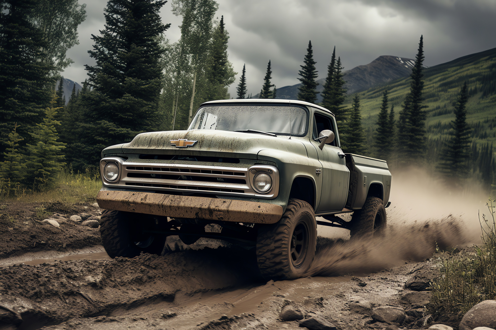 Chevrolet 4x4 truck, Rocky Mountain terrain, Heavy-duty tires, Rugged trail capability, Robust safety bar, Muddy vehicle, HD Desktop Wallpaper