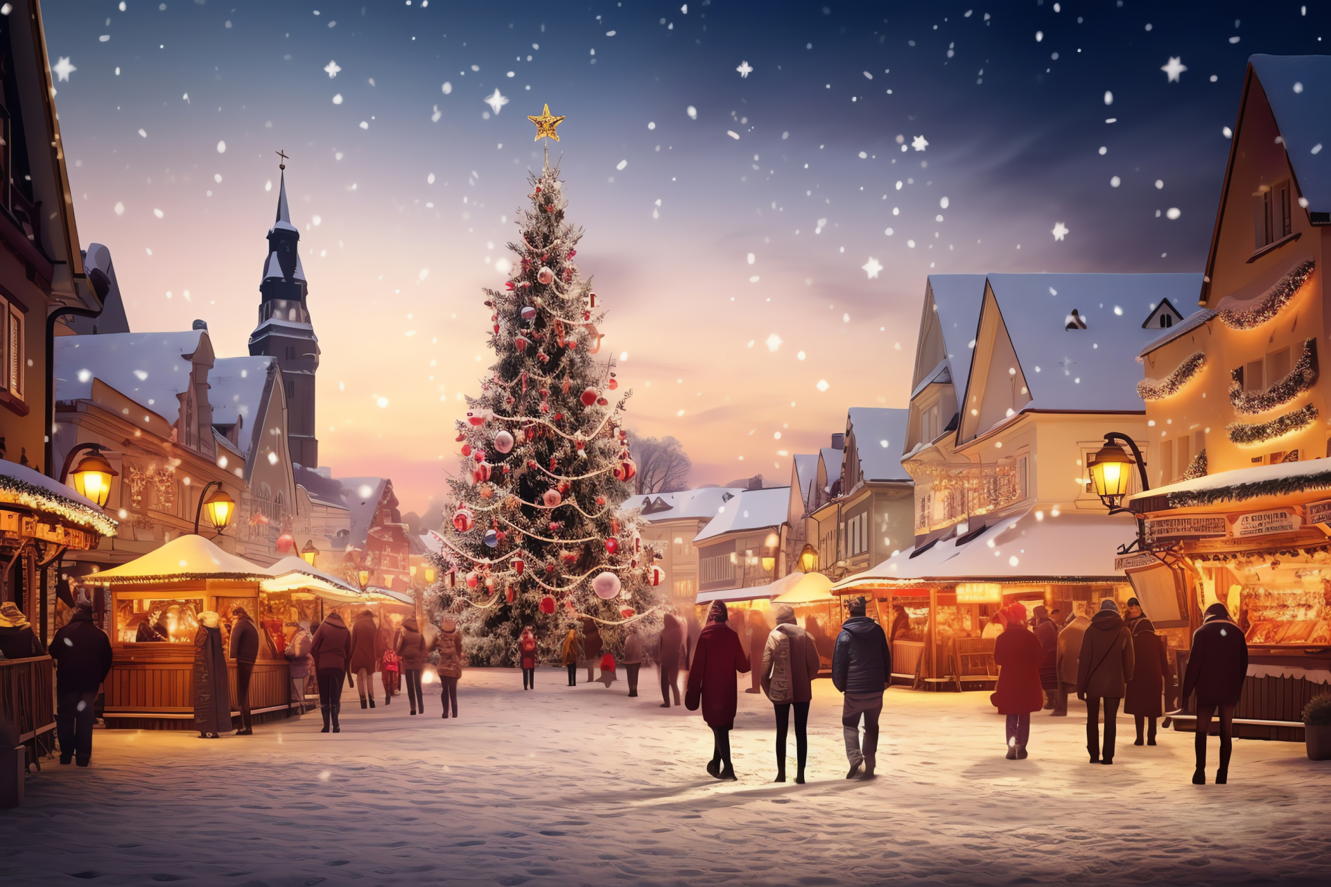 Winter holiday, Seasonal festivities, Village decorations, Yuletide atmosphere, Ornamental beauty, HD Desktop Wallpaper