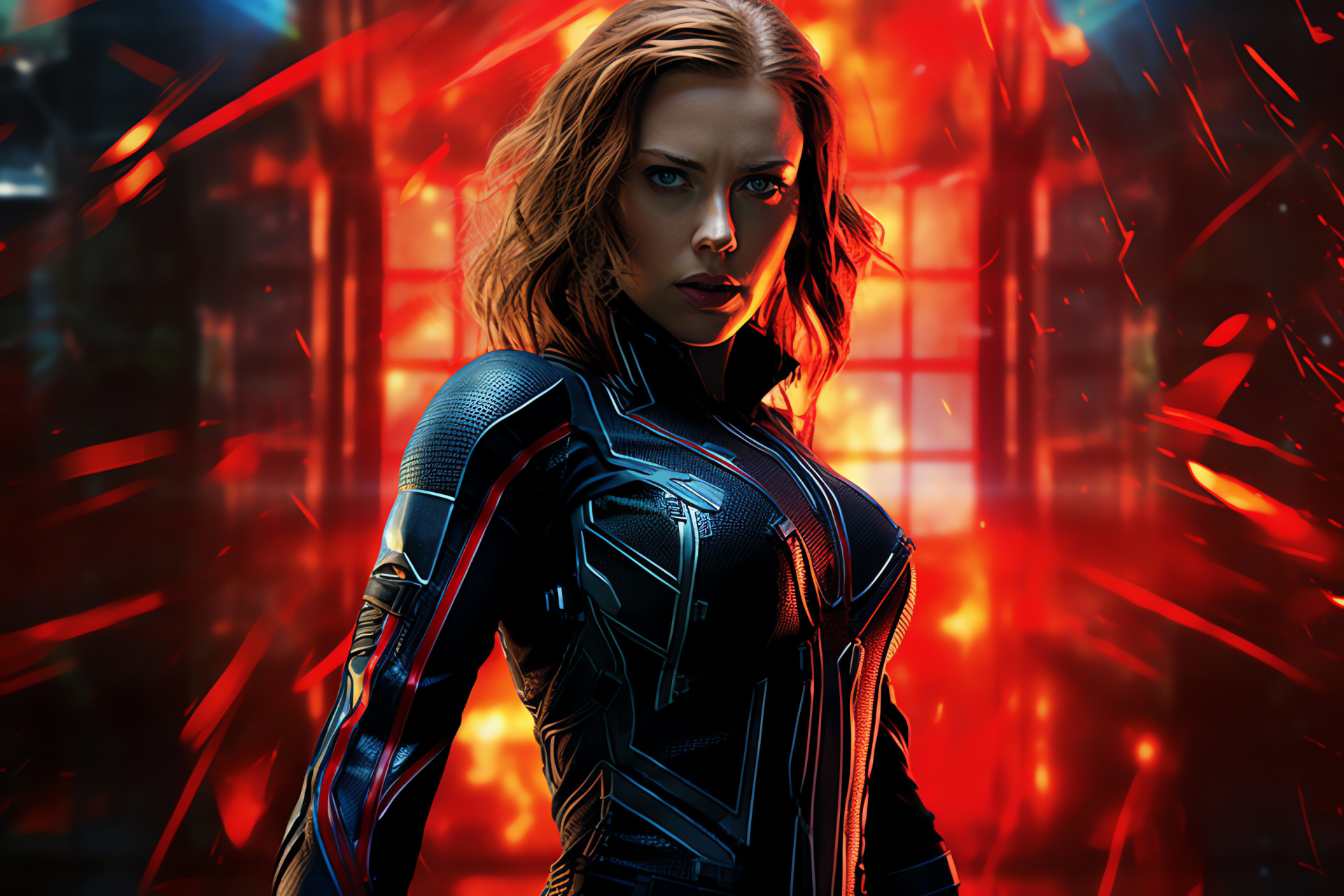 Star Scarlett Johansson, Black Widow character, steady gaze, abstract tri-colour pattern, warrior's pose, HD Desktop Wallpaper