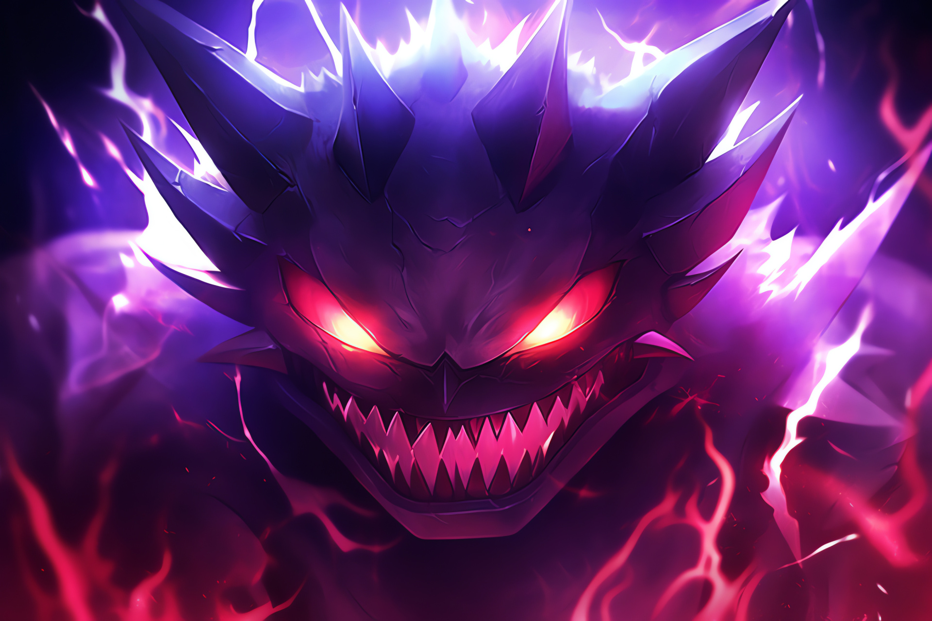 Mega Gengar, Purple hue, Eerie theme, Evolved Pokemon, Ghostly appearance, HD Desktop Wallpaper