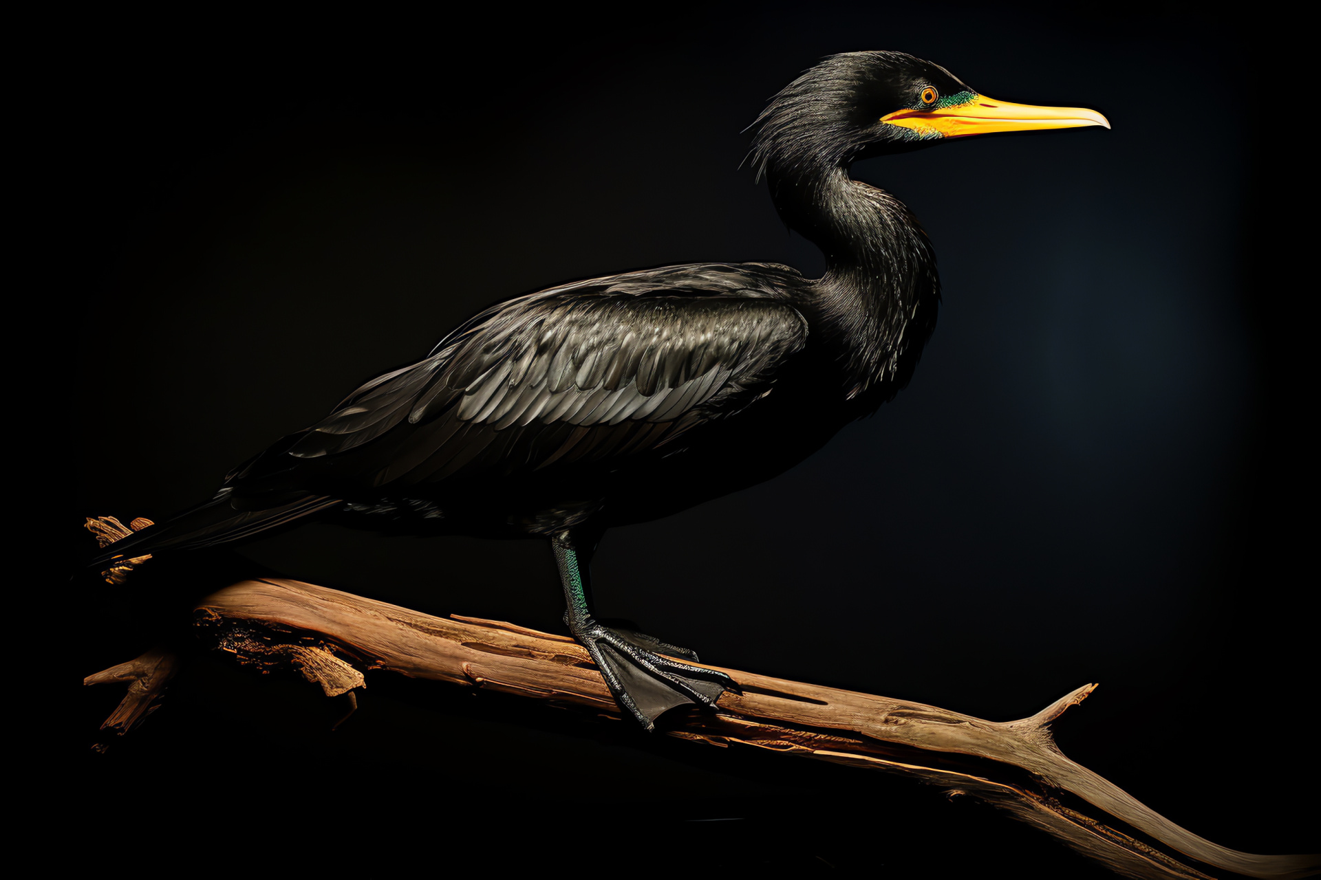 Cormorant bird, aquatic habitat, solid pure black plumage, dark avian silhouette, perched waterfowl, HD Desktop Image