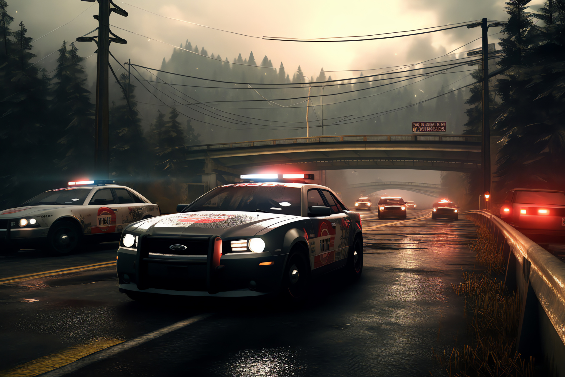 NFS Most Wanted blockade scenario, Enforcement barricade, Game suspense, Street racing confrontation, Player challenge, HD Desktop Image