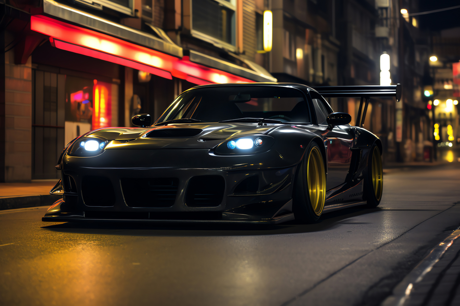 Veilside modified RX-7, Tokyo night car culture, performance aesthetics, modern auto tuners, illuminated city roads, HD Desktop Wallpaper