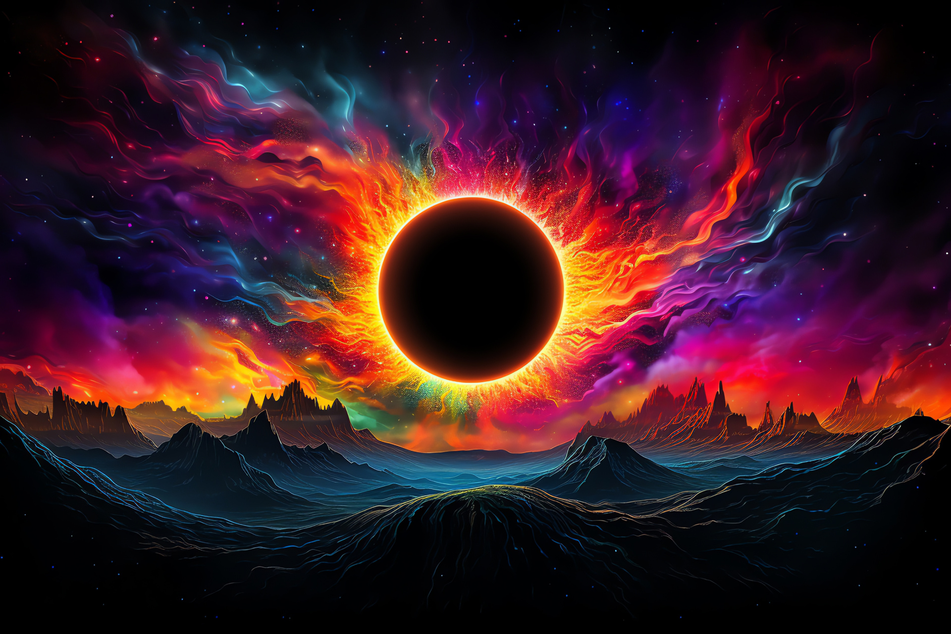 Celestial solar occulation, Earth's satellite shadow, awe-inspiring eclipse, perfect cosmic alignment, HD Desktop Image