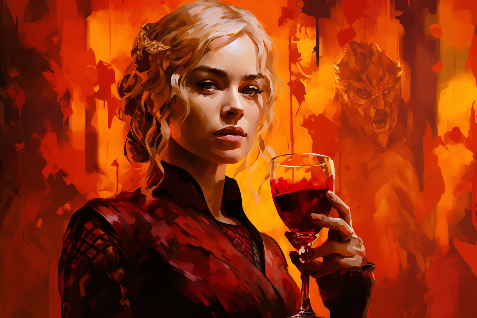 Cersei Lannister regality, cunning ruler, royal portrait, wine connoisseur, Game of Thrones intrigue, HD Desktop Wallpaper