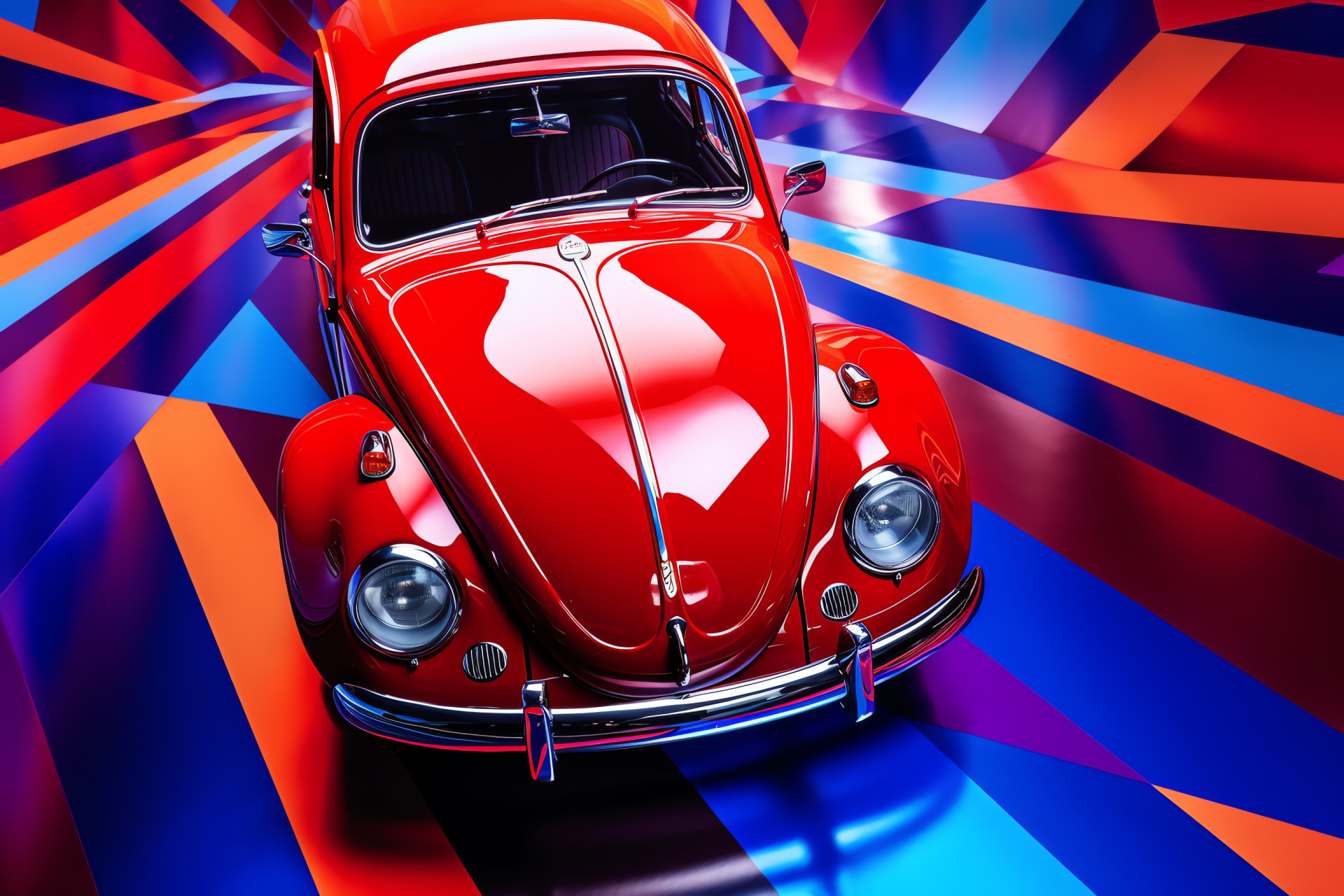 Vibrant Volkswagen Beetle, Top view position, Tri-color backdrop, Classic compact car, Red Beetle brightness, HD Desktop Image