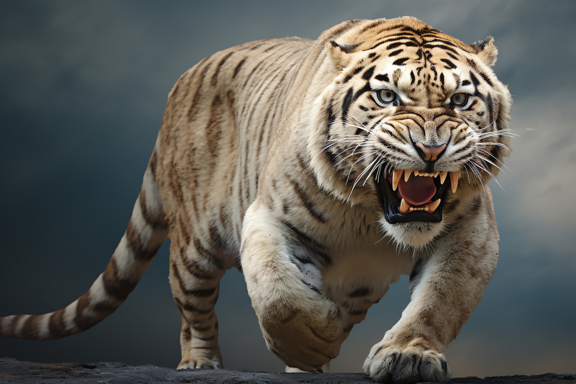 Saber Tooth Tiger, light gray and black fur, two-color backdrop, HD Desktop Wallpaper
