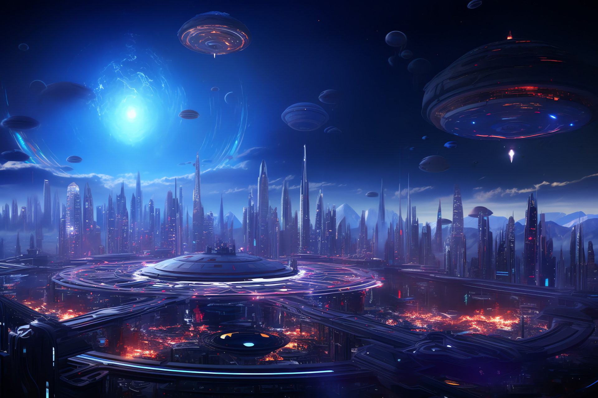 Alien metropolis, New world skyline, Interstellar settlement, Planetary survey, Radiant luminescence, HD Desktop Image