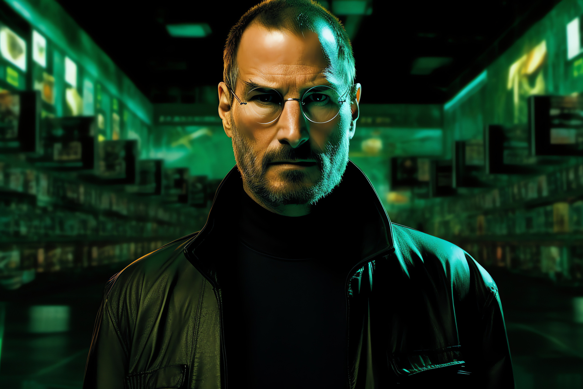 Legendary entrepreneur Steve Jobs, Sci-fi theme, Digital pioneer, Futuristic setting, Technological simulation, HD Desktop Image