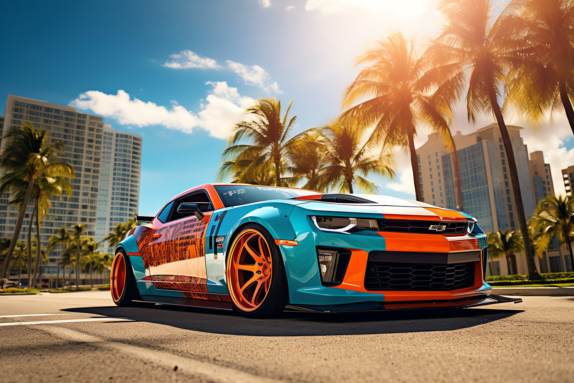 American muscle revision, Chevrolet Camaro SS, Miami backdrop, Aerodynamic body work, Ground-level perspective, HD Desktop Image