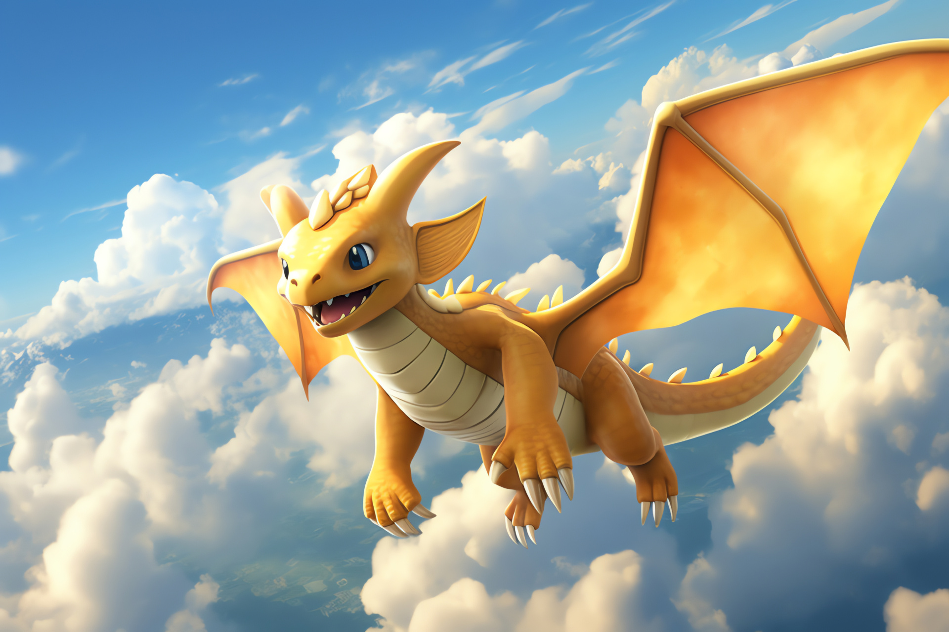 Dragonite, Sky soarer, Cumulus habitat, Mighty wing span, Fleecy cloud drifts, HD Desktop Wallpaper