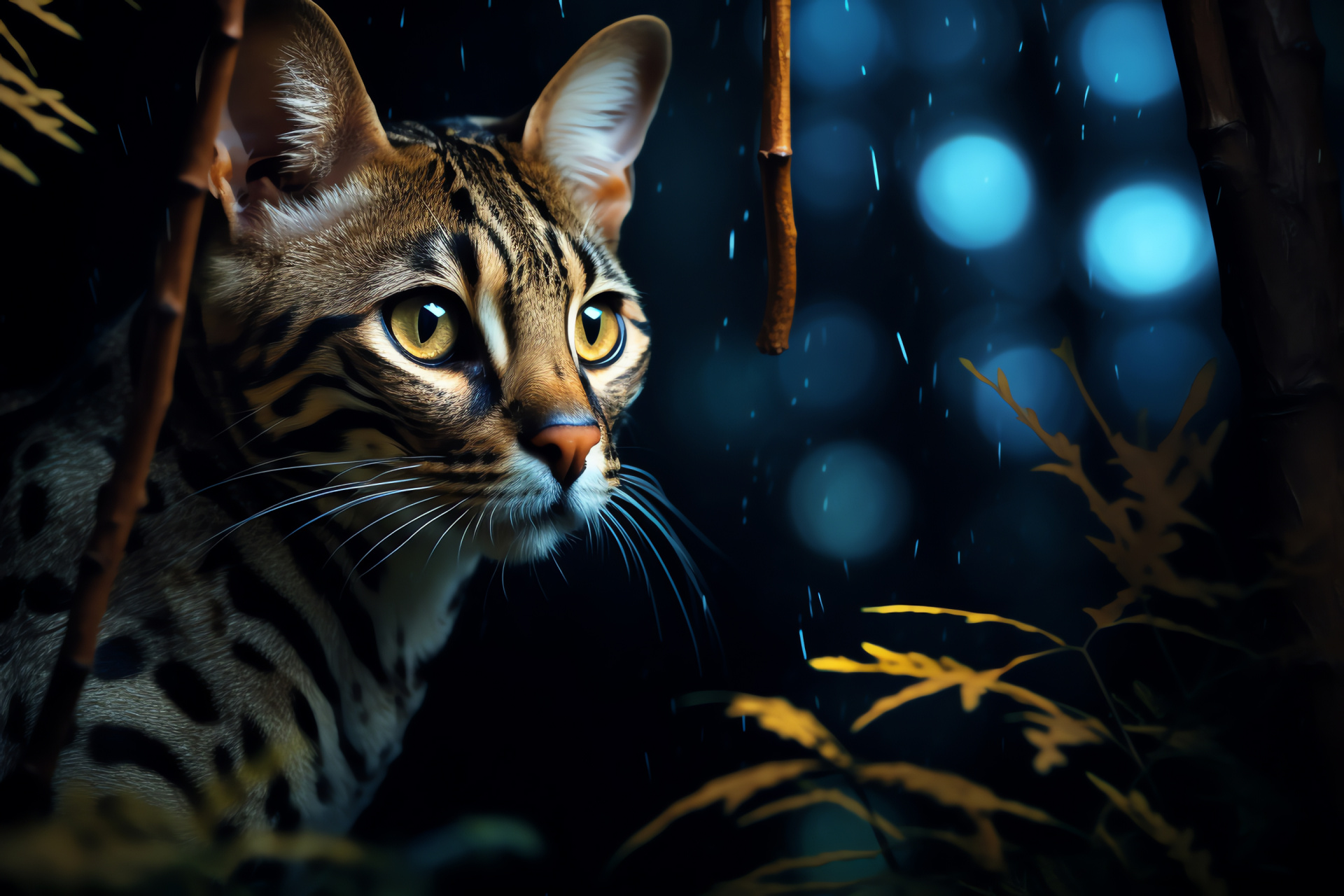 Ocelot under moon, silver-gray camouflage, nocturnal eyes, shadow play, forest dwelling, HD Desktop Image