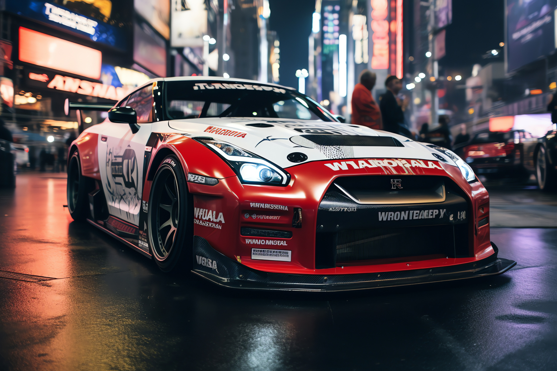 Nissan GTR Liberty Walk, Times Square buzz, eye-catching wrap, tailored detailing, neon spectacle, HD Desktop Image