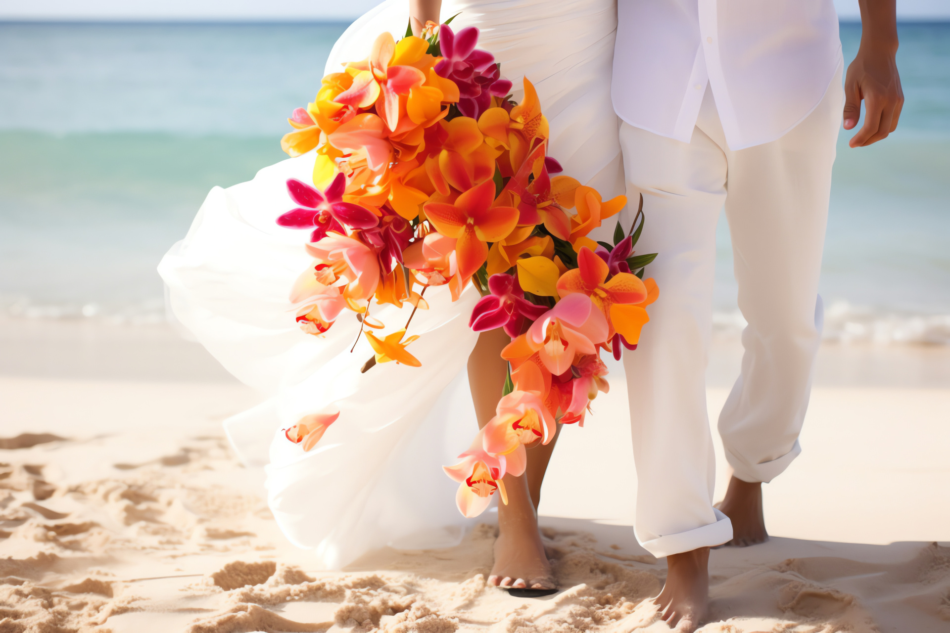 Seaside wedding florals, sunny beachfront vows, sandy ceremony floor, vibrant holiday blooms, tranquil shore, HD Desktop Image