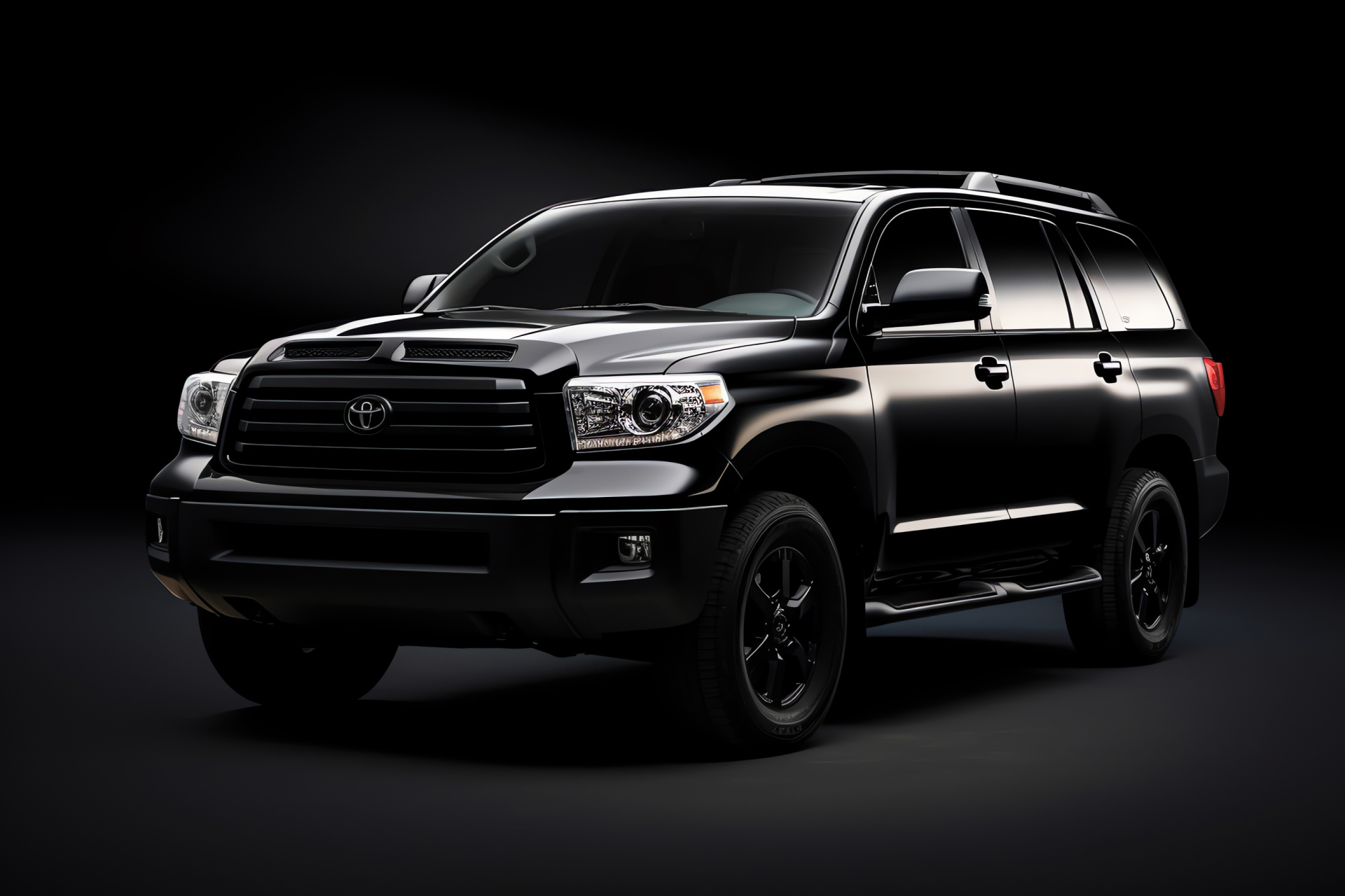 TRD Sequoia, High-angle perspective, Stealth black finish, Solid backdrop exclusivity, Luxurious SUV style, HD Desktop Wallpaper