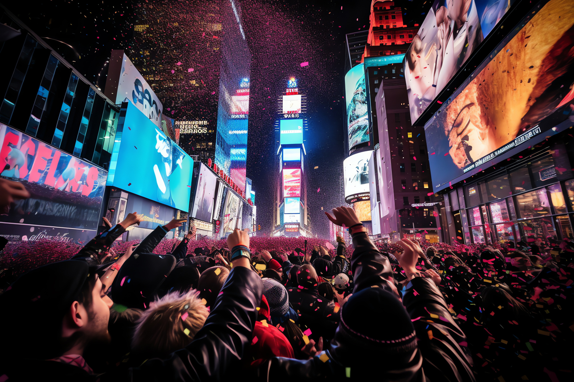 Times Square ball drop, Neon-lit celebration, Crowded excitement, New Year countdown, Skyline festivities, HD Desktop Wallpaper