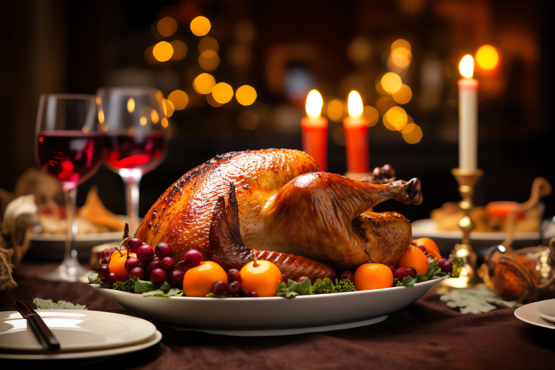 Festive Thanksgiving turkey, holiday feast, delightful side dishes, glistening golden delight, oven-roasted poultry, HD Desktop Image