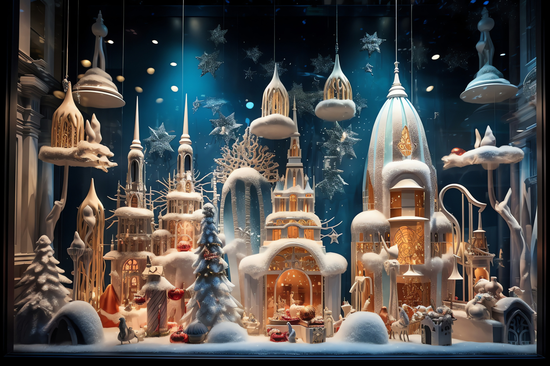 Fifth Avenue Yule, artistic window scenes, holiday creativity, joyous displays, celebratory store fronts, HD Desktop Image