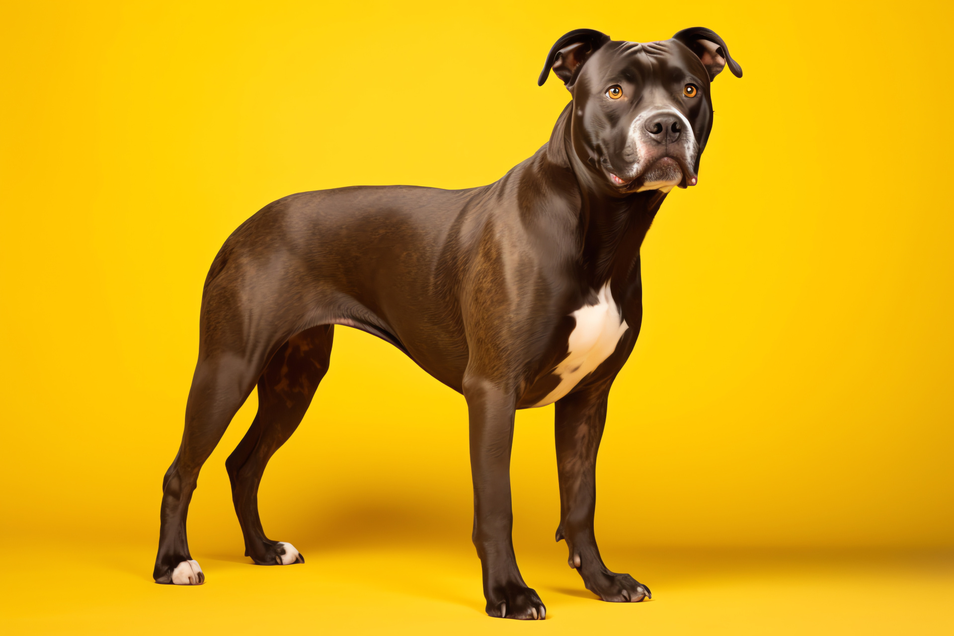 Domesticated dog, Brindle pattern, Full body pose, Amber ambiance, Cozy image, HD Desktop Image